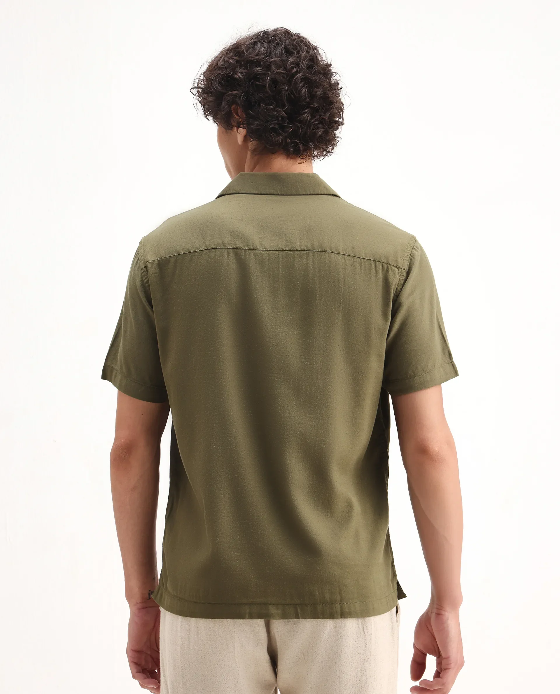 Rare Rabbit Men's Zedter-2 Olive Cotton Blend Embroidered Relaxed Fit Half Sleeve Cuban Collar Shirt - Image 7