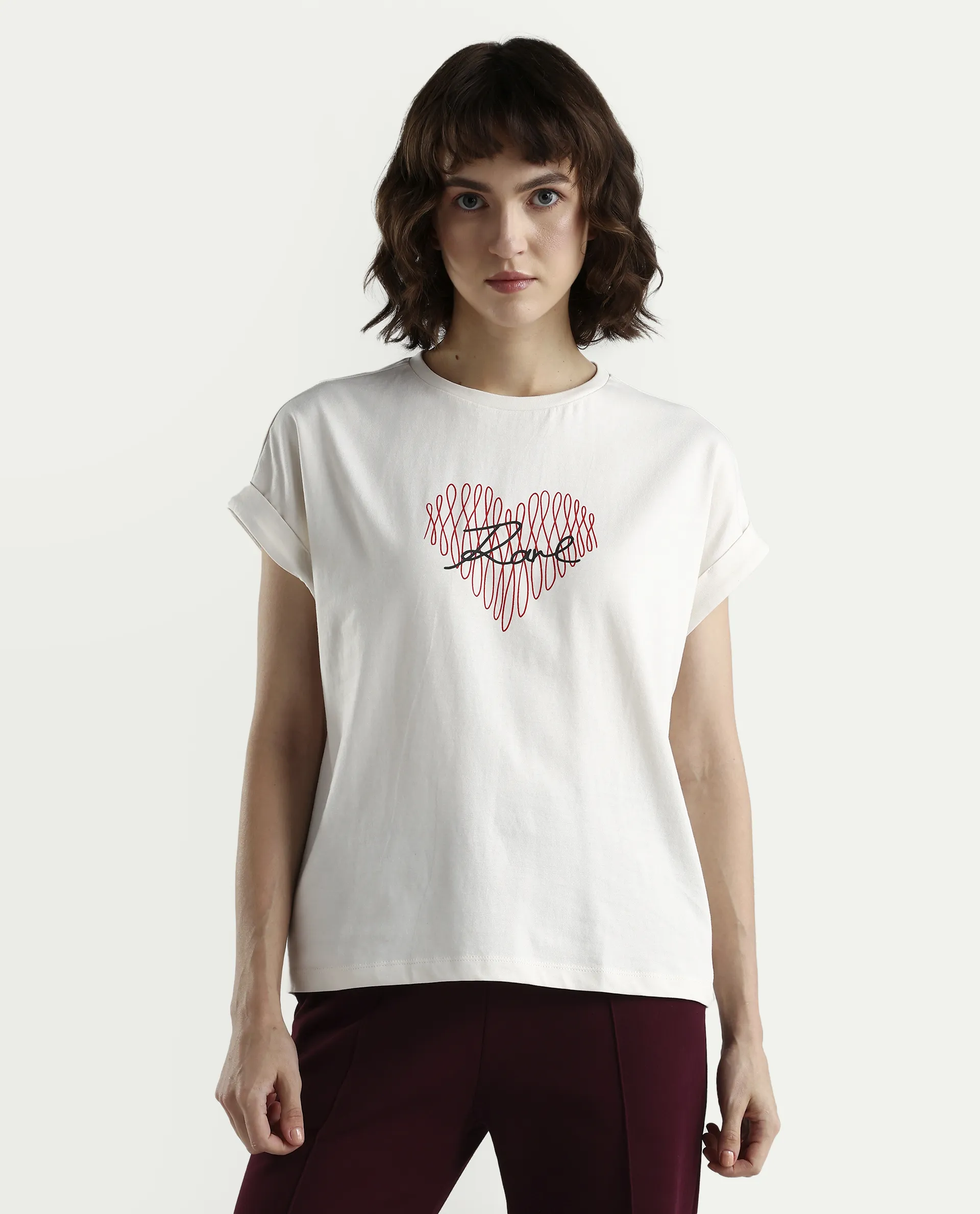 Rareism Women's Zeen Off White Cotton Half Sleeve Relaxed Fit Object Print T-Shirt - Image 3