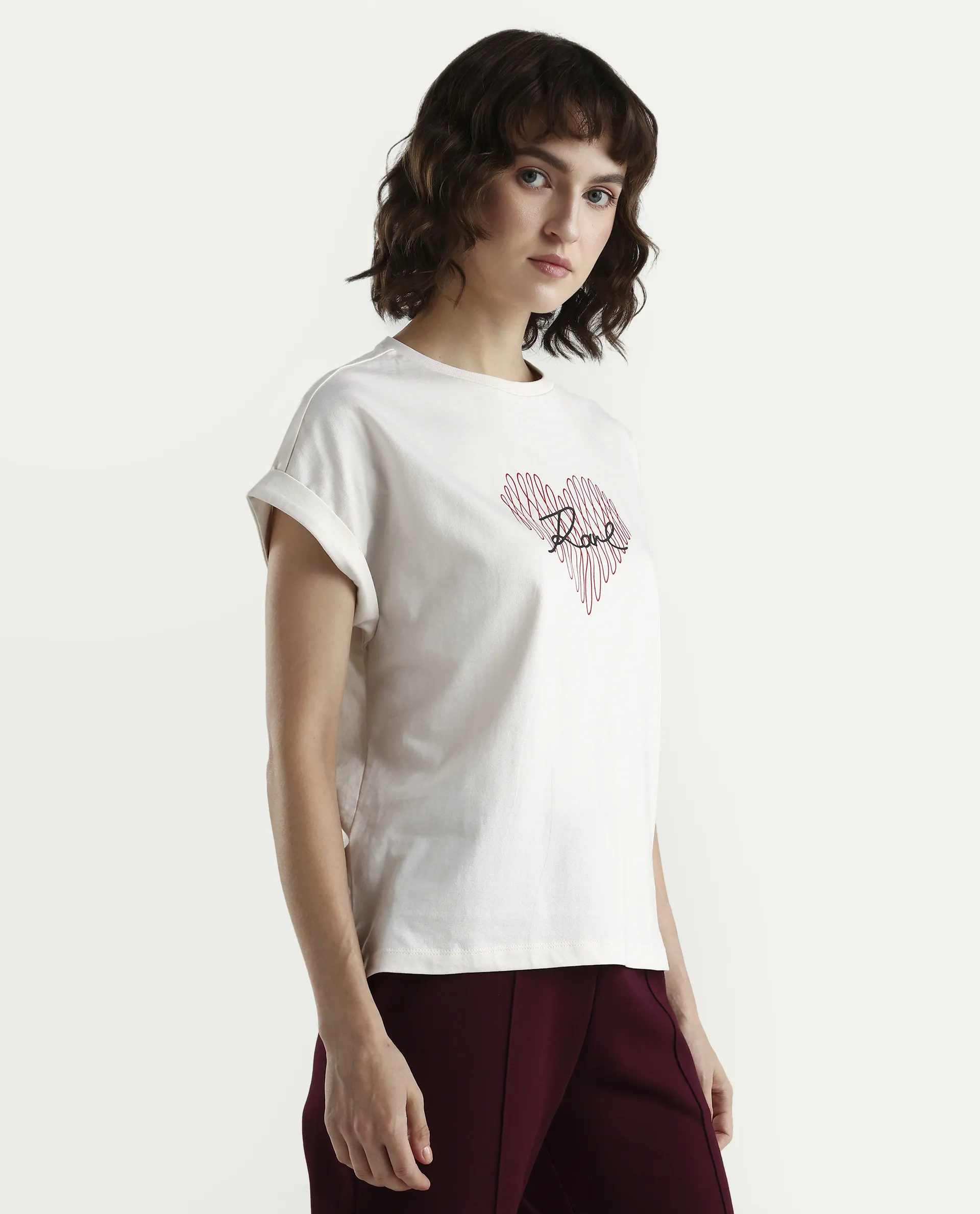Rareism Women's Zeen Off White Cotton Half Sleeve Relaxed Fit Object Print T-Shirt - Image 6