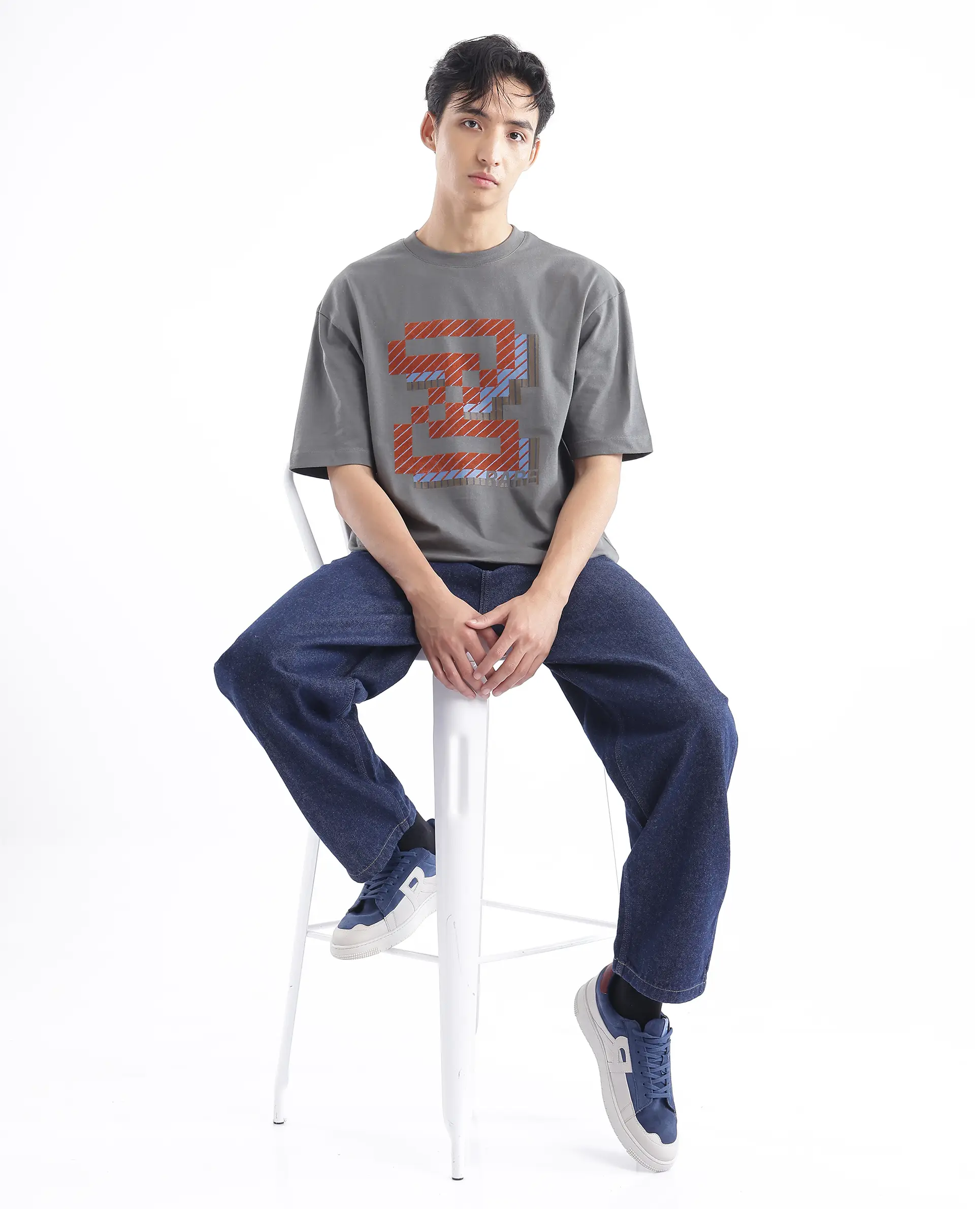 Rare Rabbit Men's Zee's Grey Cotton Graphic Print Oversized Fit Half Sleeve Crew Neck T-Shirt - Image 10
