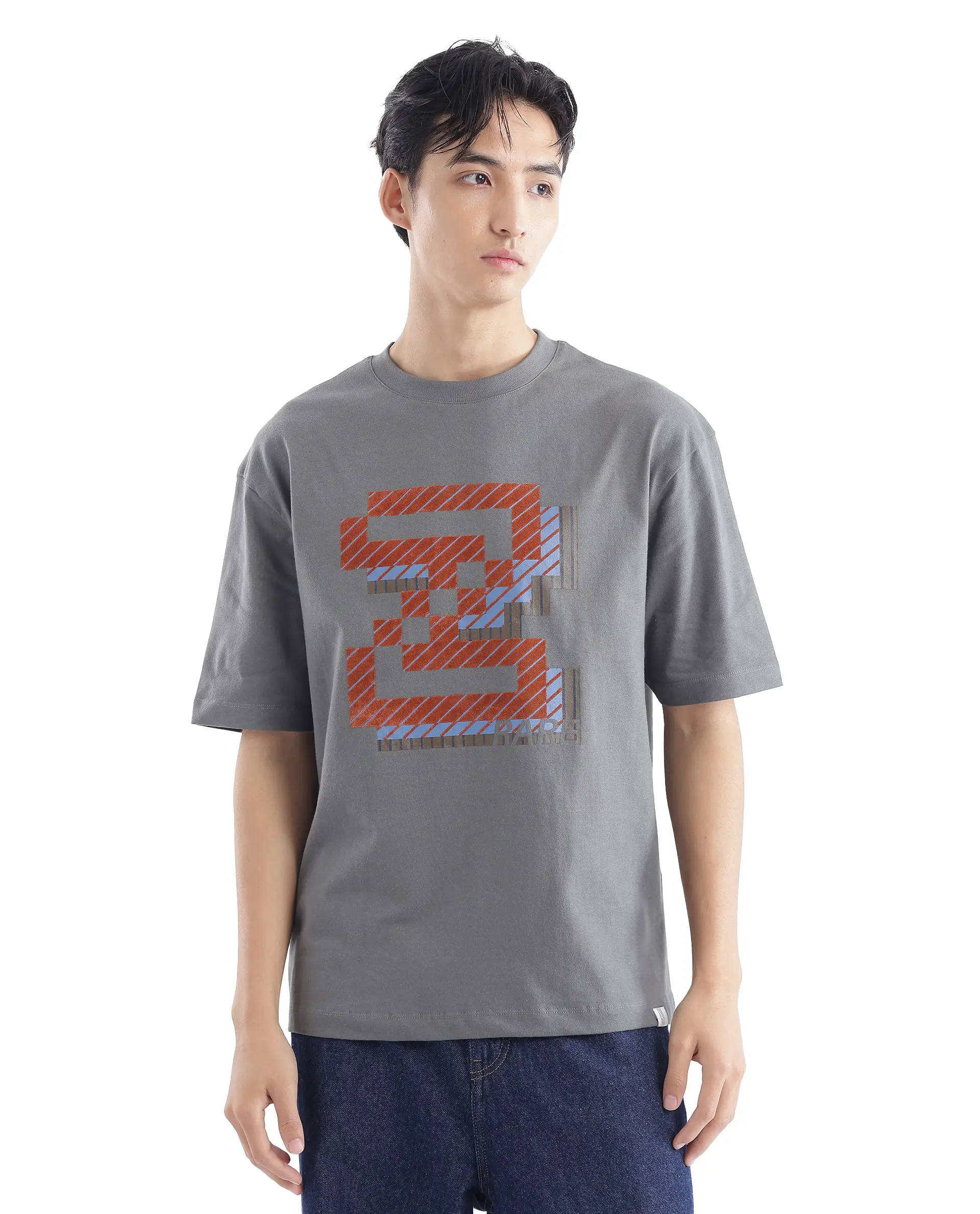 Rare Rabbit Men's Zee's Grey Cotton Graphic Print Oversized Fit Half Sleeve Crew Neck T-Shirt - Image 2