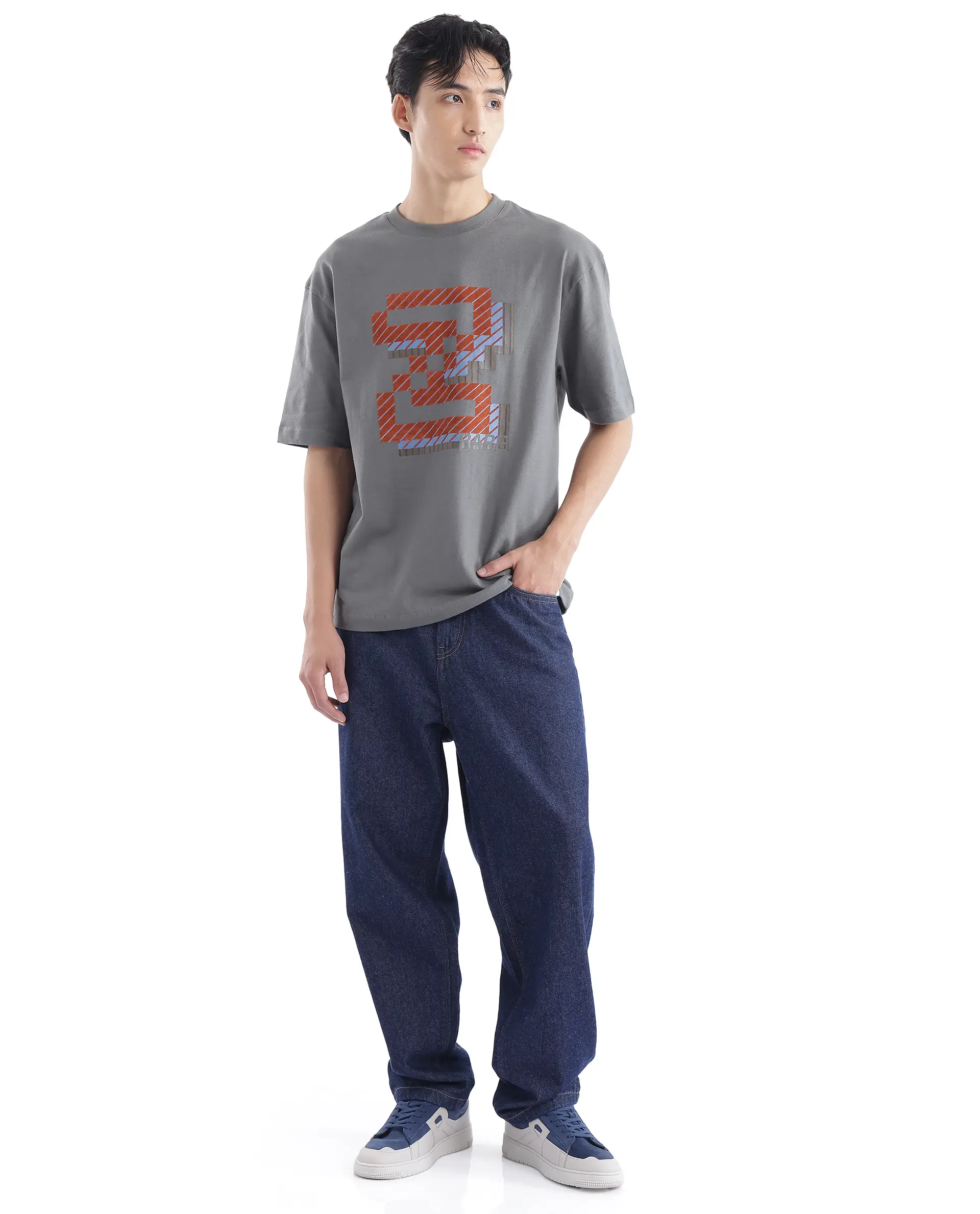 Rare Rabbit Men's Zee's Grey Cotton Graphic Print Oversized Fit Half Sleeve Crew Neck T-Shirt - Image 3