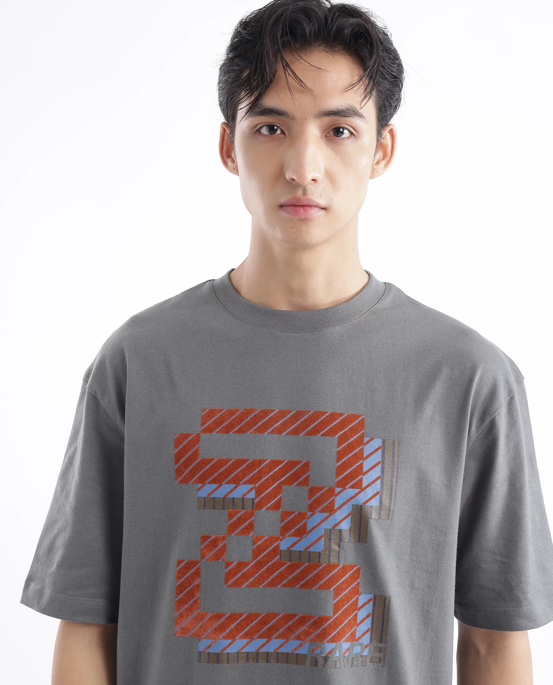 Rare Rabbit Men's Zee's Grey Cotton Graphic Print Oversized Fit Half Sleeve Crew Neck T-Shirt - Image 4