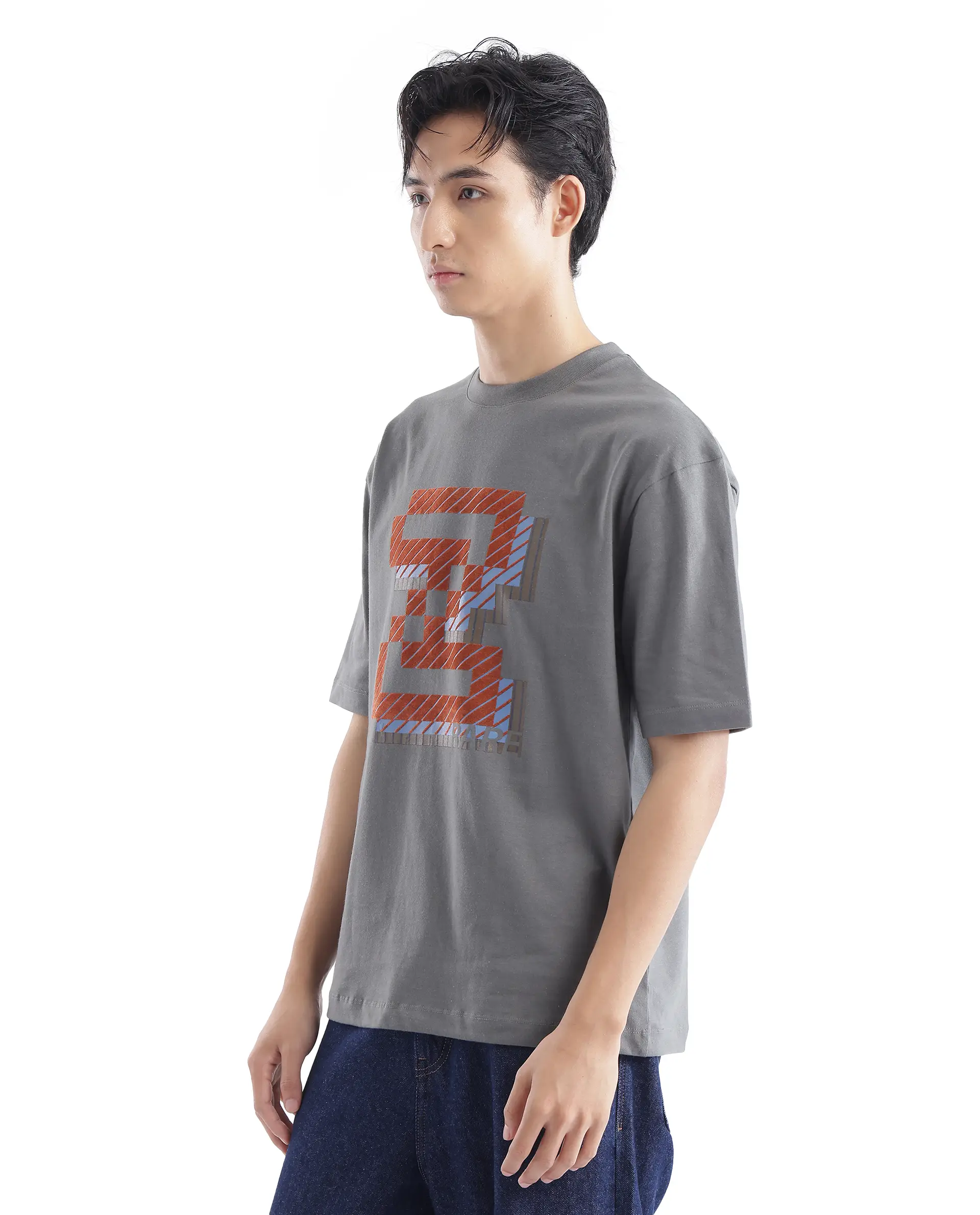 Rare Rabbit Men's Zee's Grey Cotton Graphic Print Oversized Fit Half Sleeve Crew Neck T-Shirt - Image 6