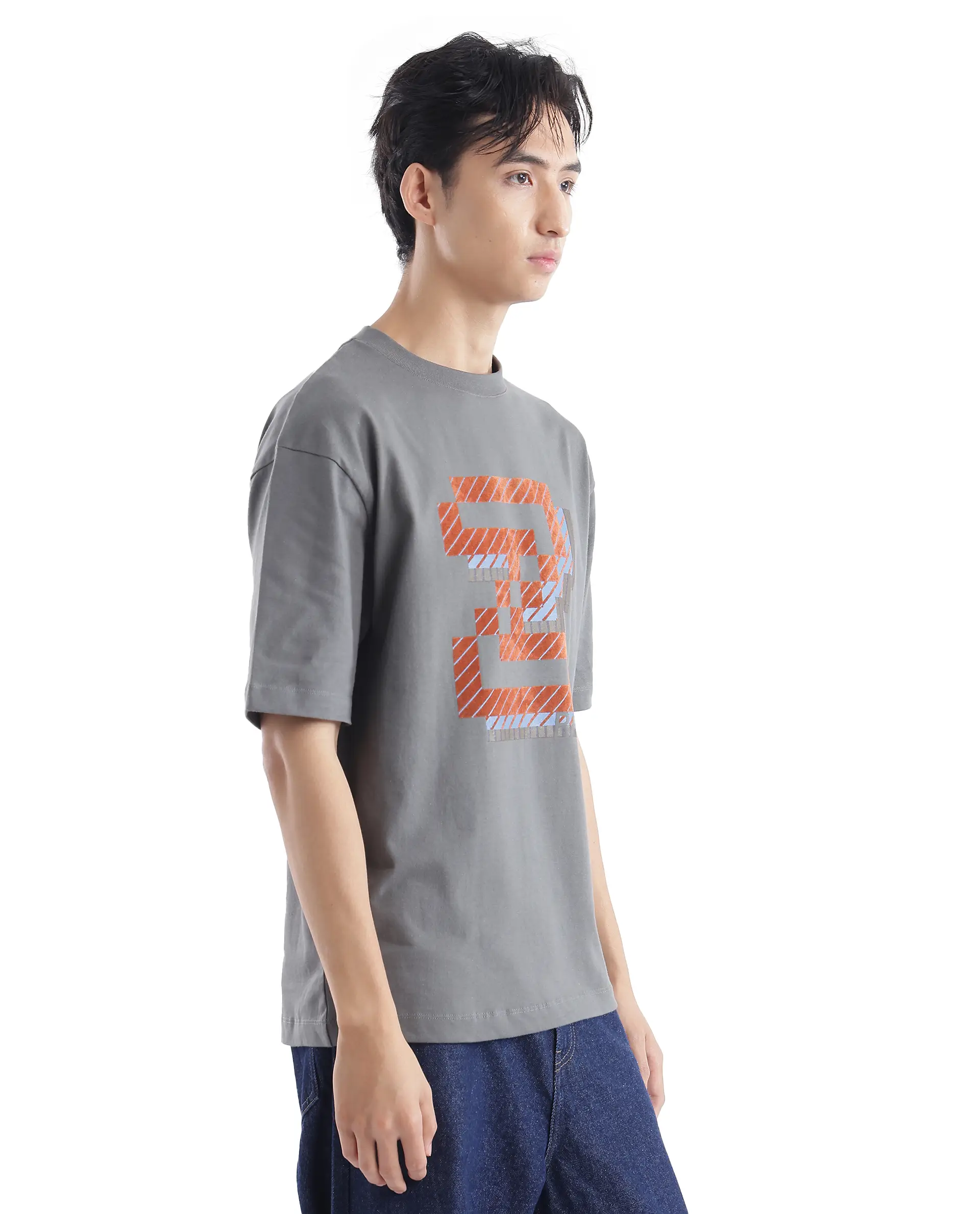 Rare Rabbit Men's Zee's Grey Cotton Graphic Print Oversized Fit Half Sleeve Crew Neck T-Shirt - Image 7