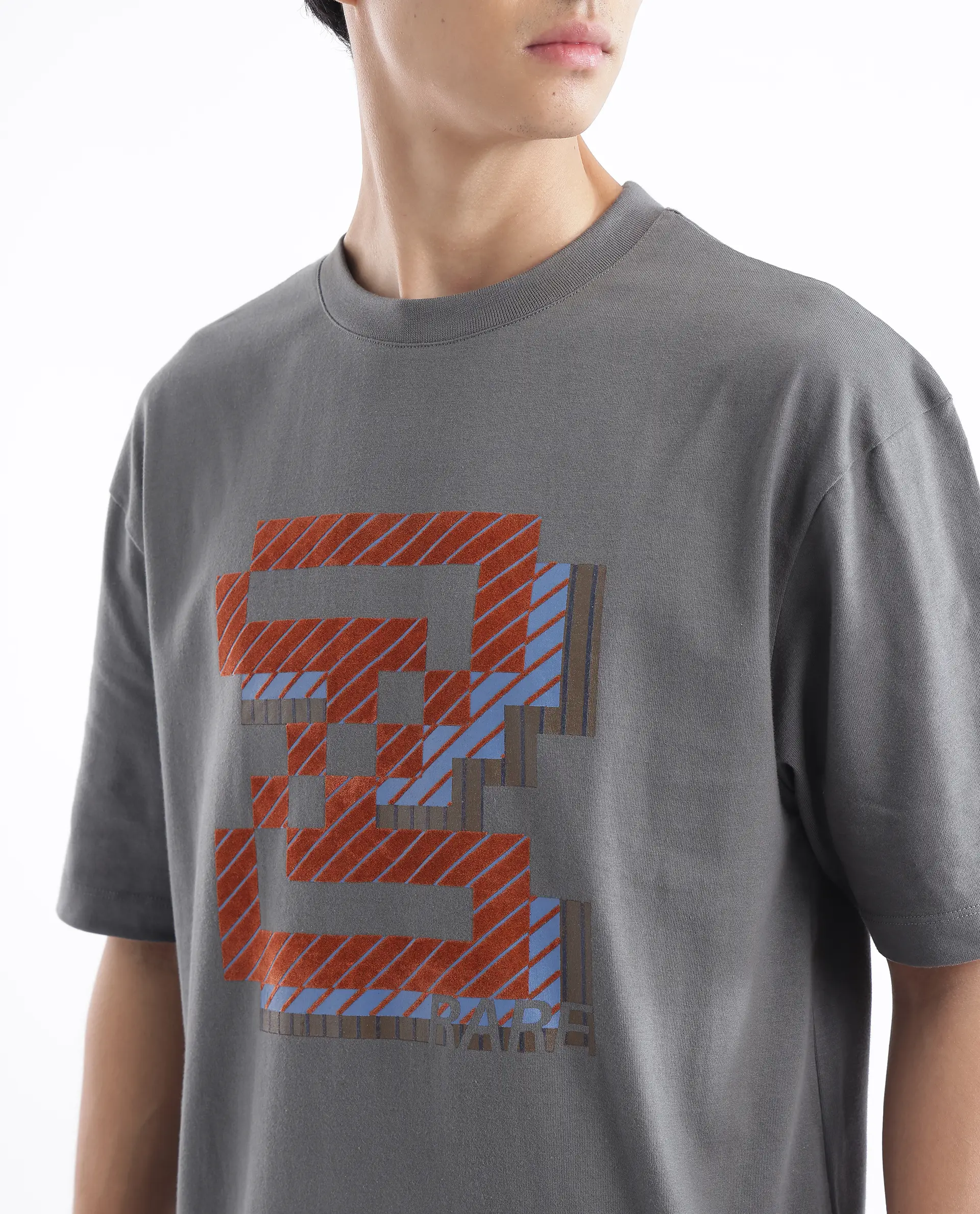 Rare Rabbit Men's Zee's Grey Cotton Graphic Print Oversized Fit Half Sleeve Crew Neck T-Shirt - Image 8