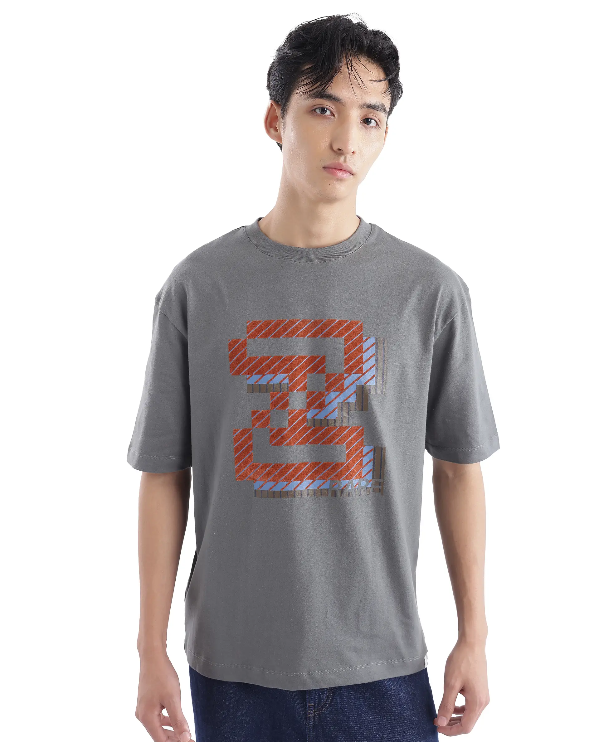 Rare Rabbit Men's Zee's Grey Cotton Graphic Print Oversized Fit Half Sleeve Crew Neck T-Shirt - Image 9