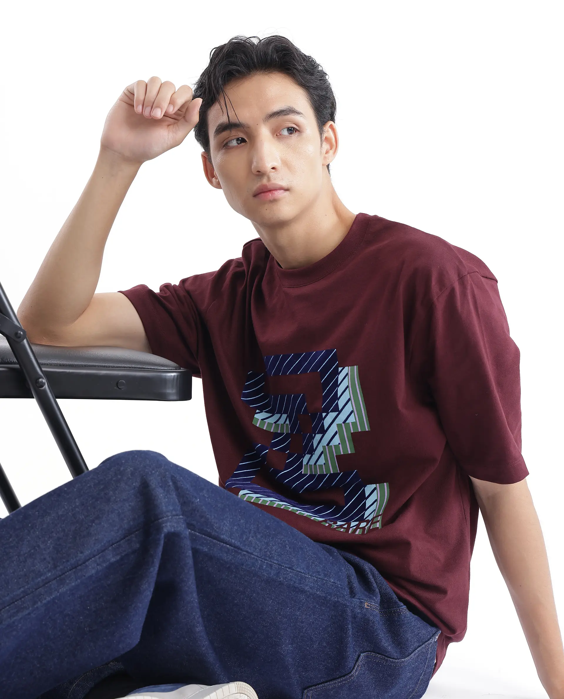 Rare Rabbit Men's Zee's Maroon Cotton Graphic Print Oversized Fit Half Sleeve Crew Neck T-Shirt - Image 10