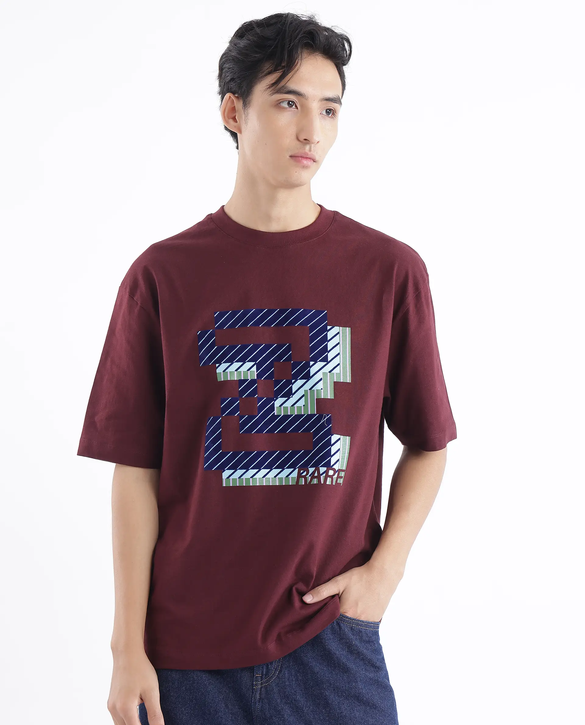 Rare Rabbit Men's Zee's Maroon Cotton Graphic Print Oversized Fit Half Sleeve Crew Neck T-Shirt - Image 2