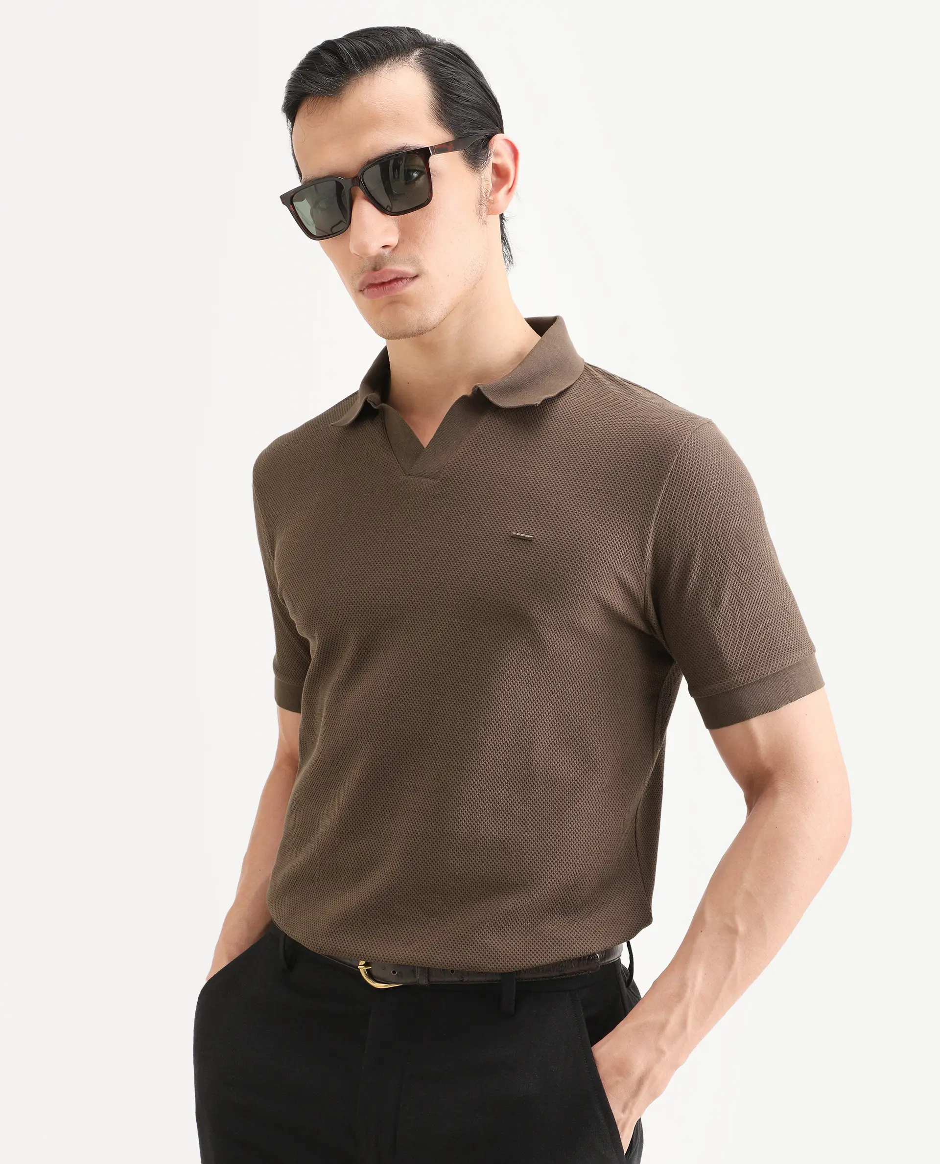 Rare Rabbit Men's Zego Dusky Brown Cotton Blend Fabric Half Sleeve Jonny Collar Regular Fit Plain Polo