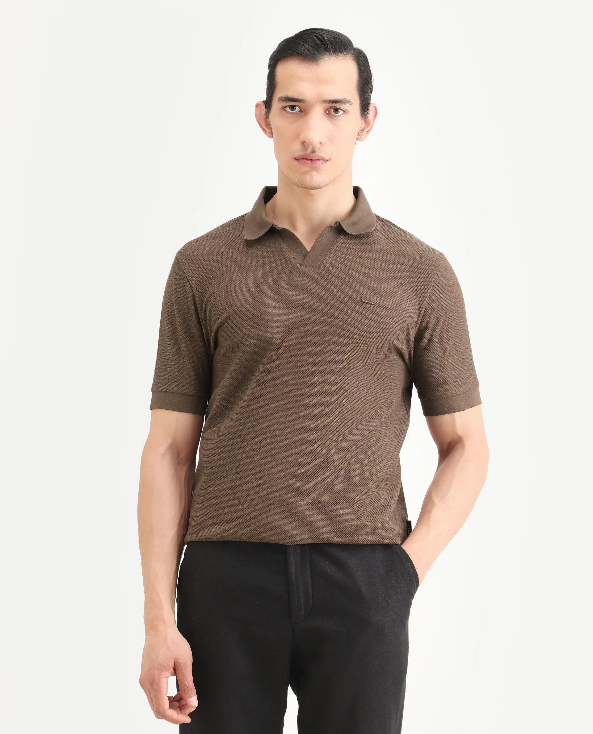 Rare Rabbit Men's Zego Dusky Brown Cotton Blend Fabric Half Sleeve Jonny Collar Regular Fit Plain Polo - Image 4