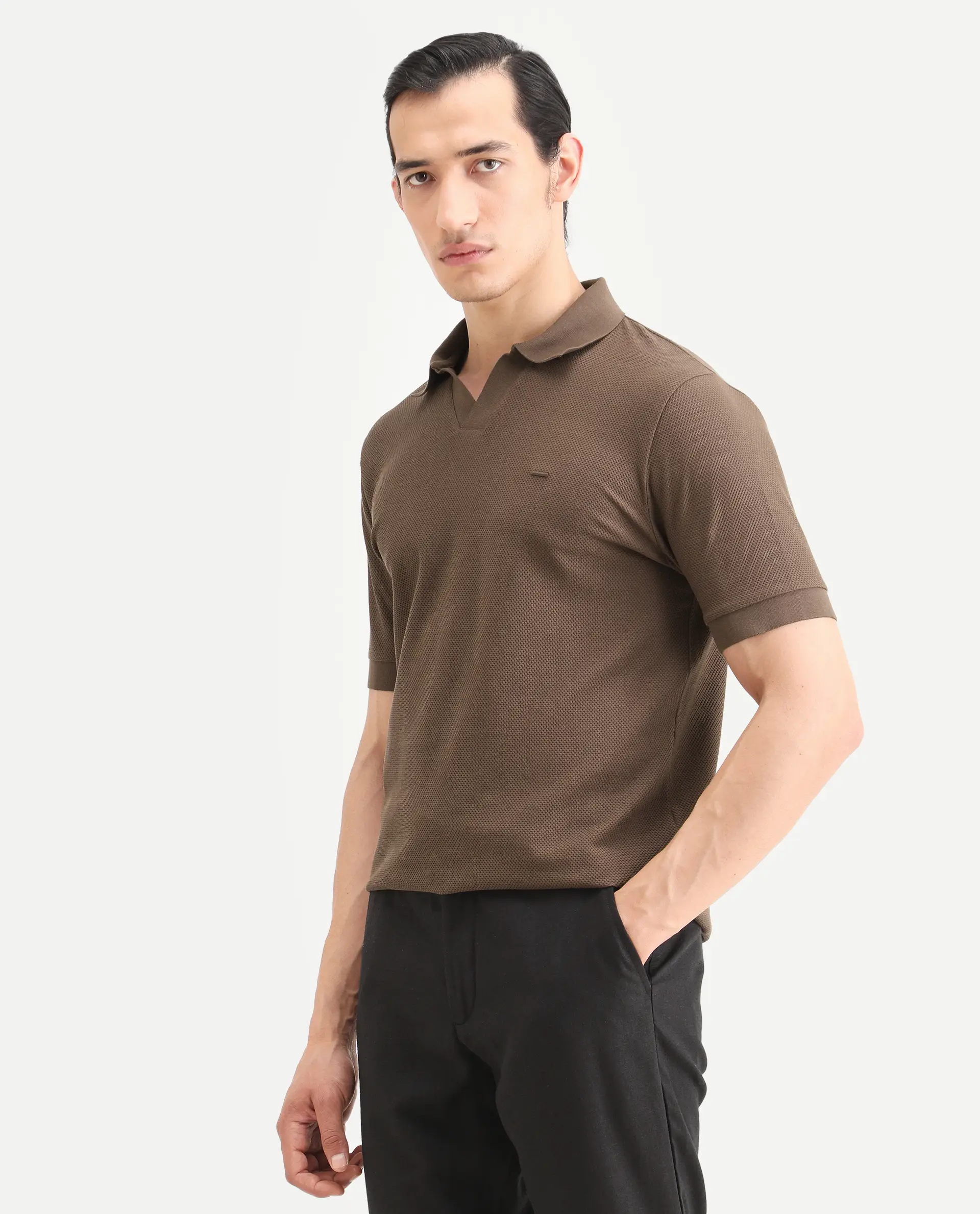 Rare Rabbit Men's Zego Dusky Brown Cotton Blend Fabric Half Sleeve Jonny Collar Regular Fit Plain Polo - Image 5