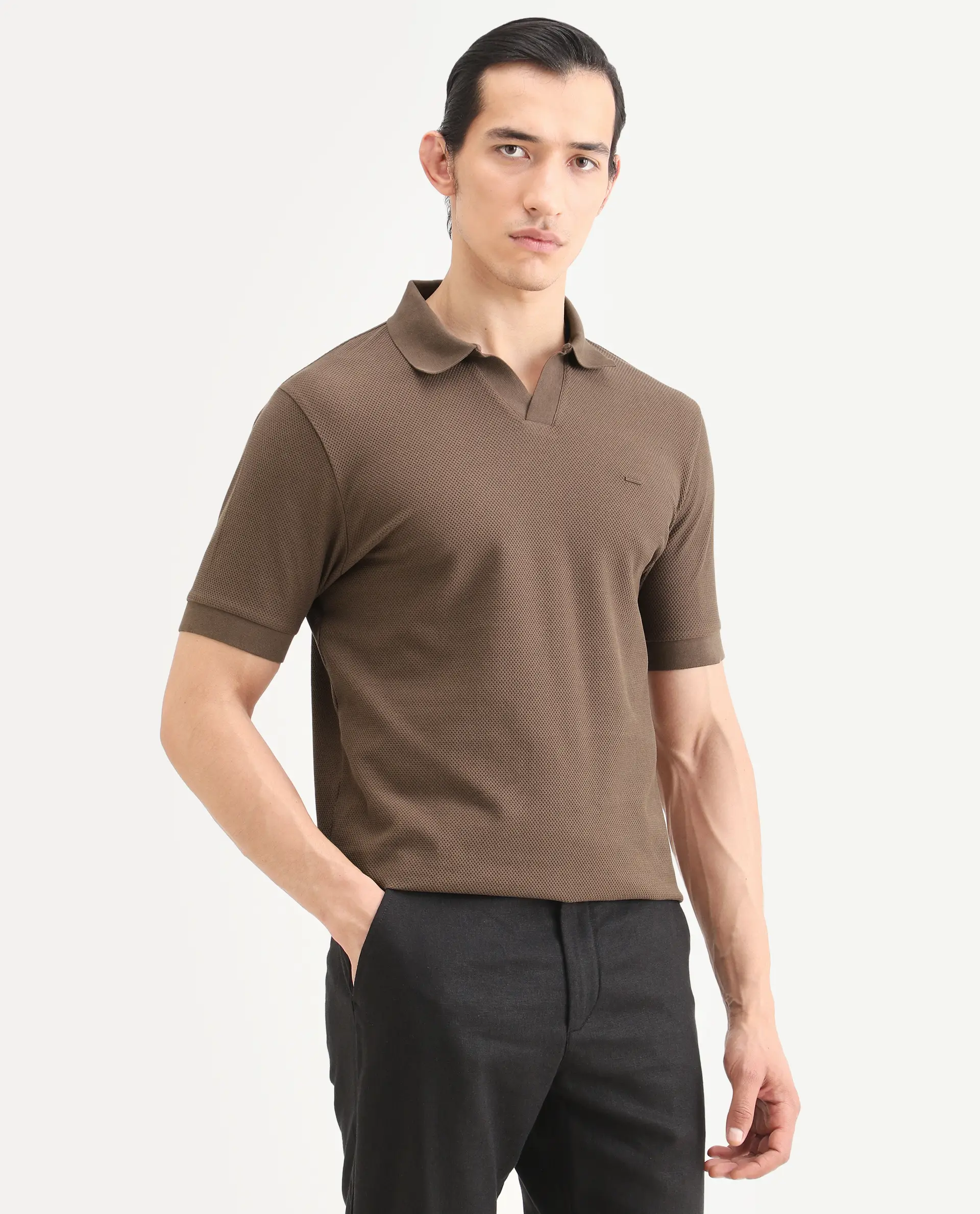 Rare Rabbit Men's Zego Dusky Brown Cotton Blend Fabric Half Sleeve Jonny Collar Regular Fit Plain Polo - Image 6
