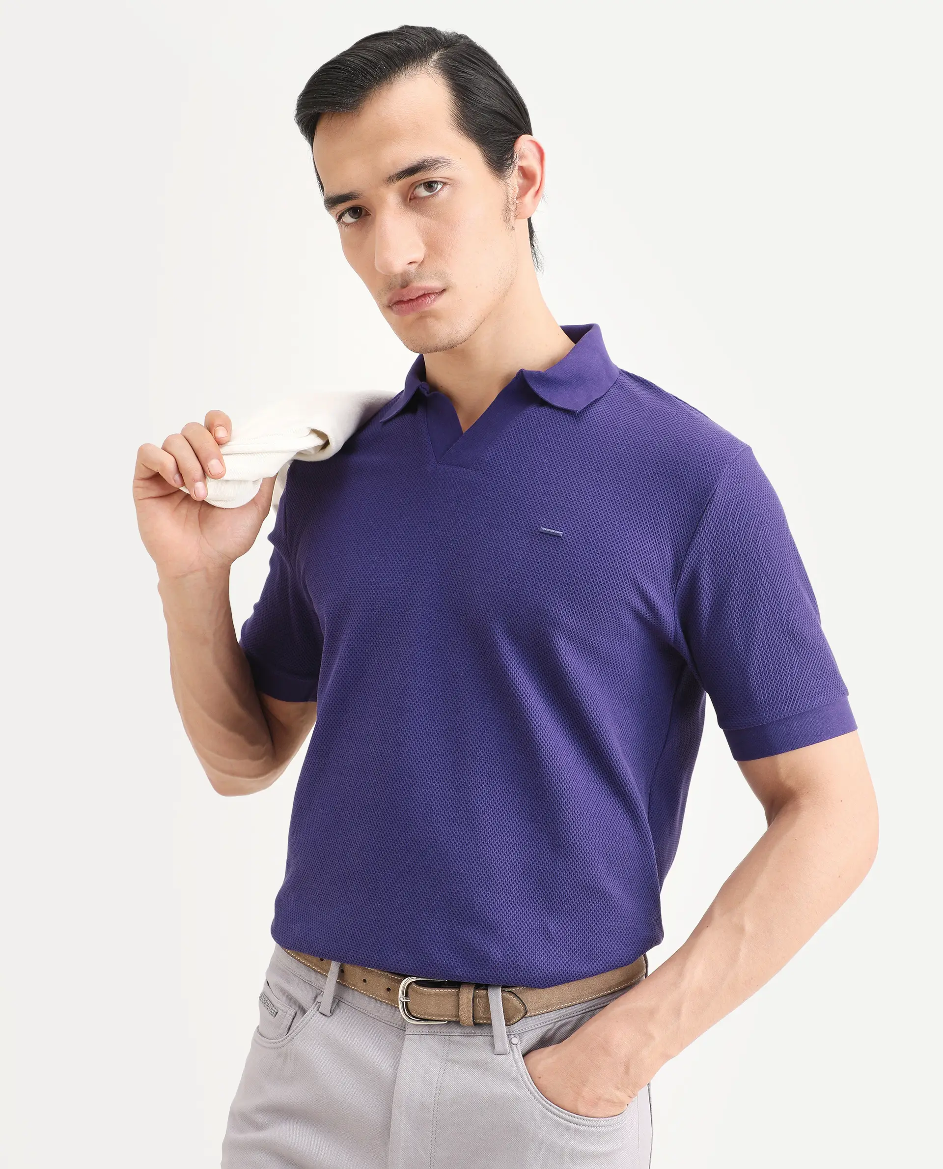 Rare Rabbit Men's Zego Flouroscent Purple Cotton Blend Fabric Half Sleeve Jonny Collar Regular Fit Plain Polo