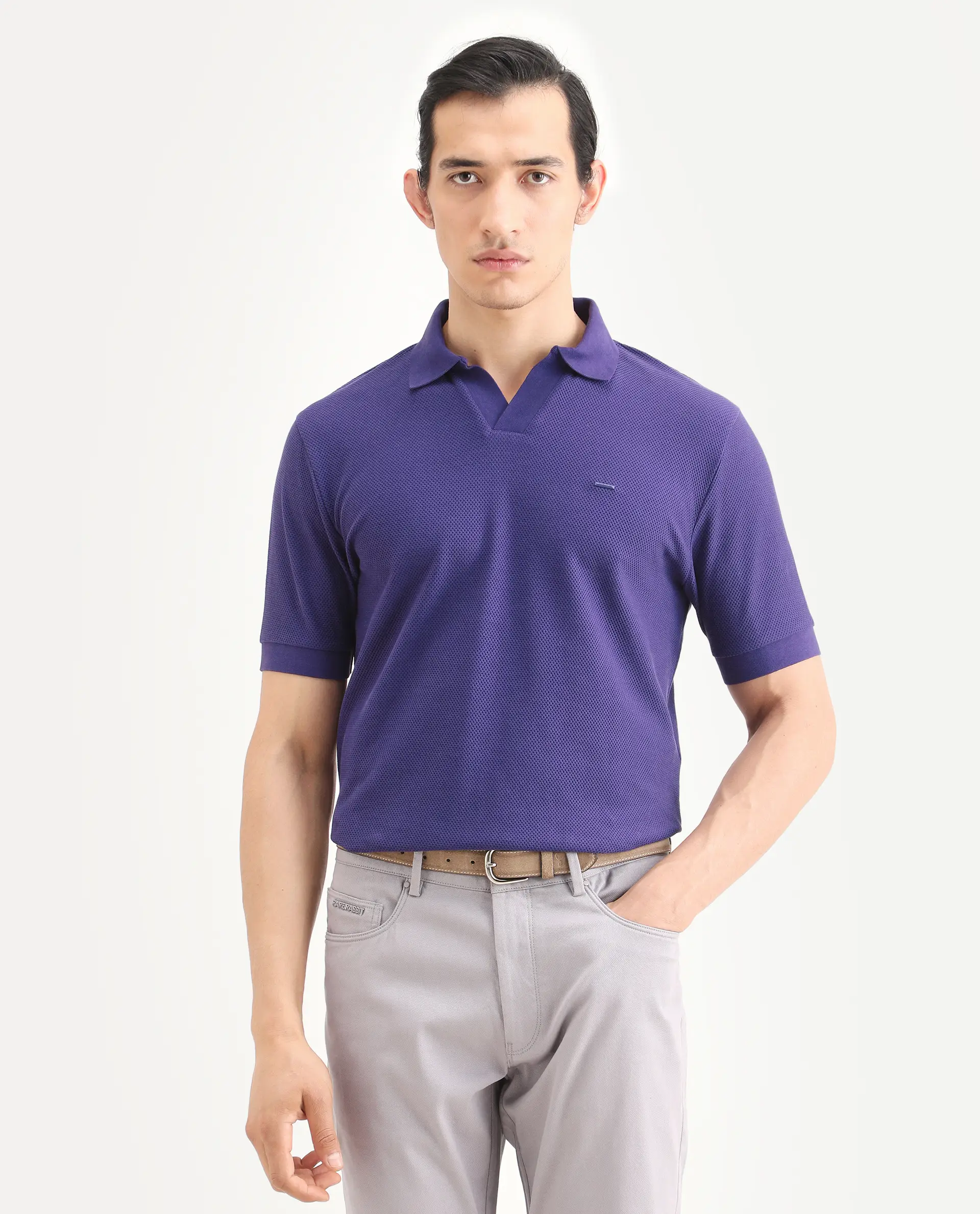 Rare Rabbit Men's Zego Flouroscent Purple Cotton Blend Fabric Half Sleeve Jonny Collar Regular Fit Plain Polo - Image 4