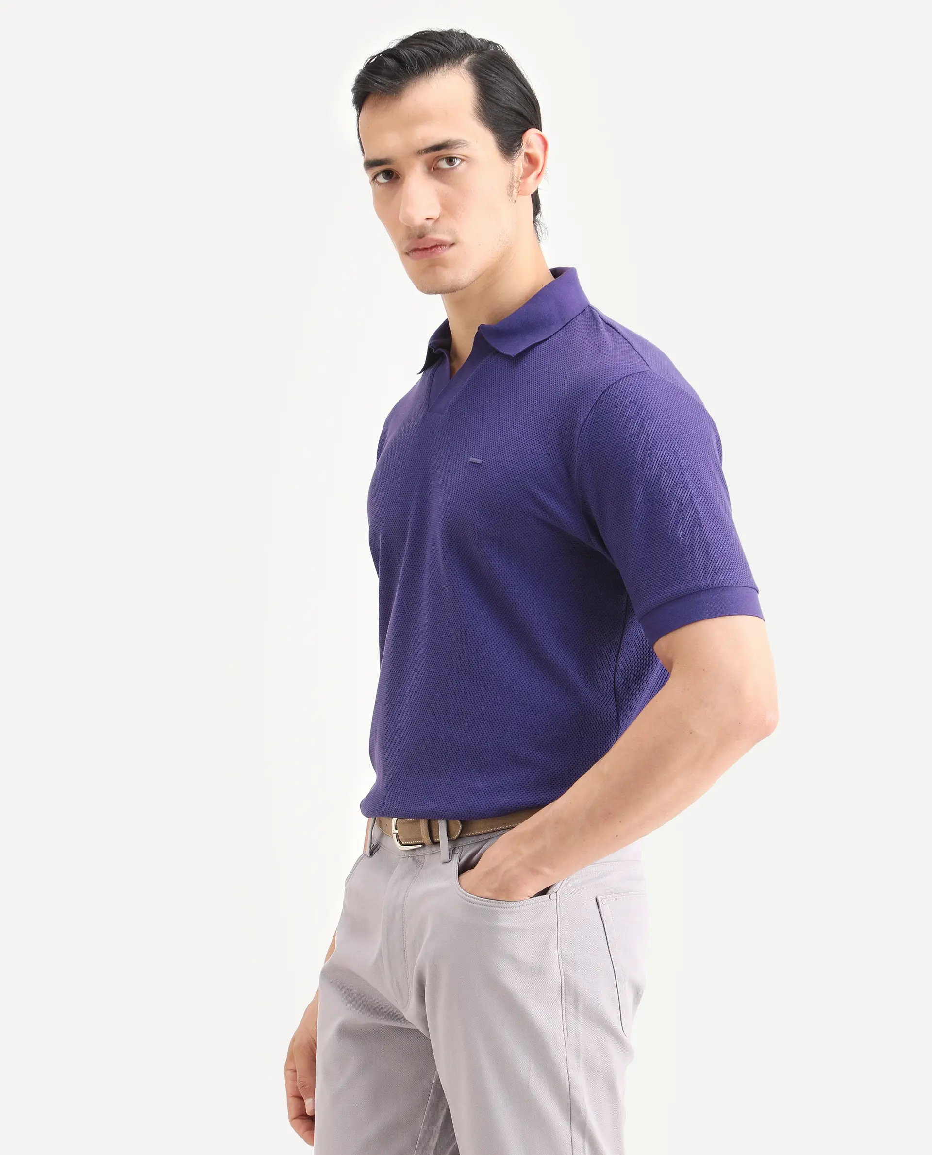 Rare Rabbit Men's Zego Flouroscent Purple Cotton Blend Fabric Half Sleeve Jonny Collar Regular Fit Plain Polo - Image 5