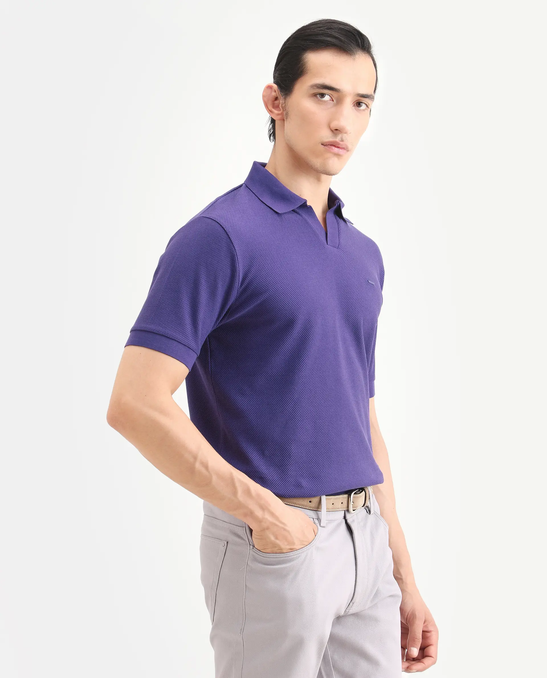 Rare Rabbit Men's Zego Flouroscent Purple Cotton Blend Fabric Half Sleeve Jonny Collar Regular Fit Plain Polo - Image 6