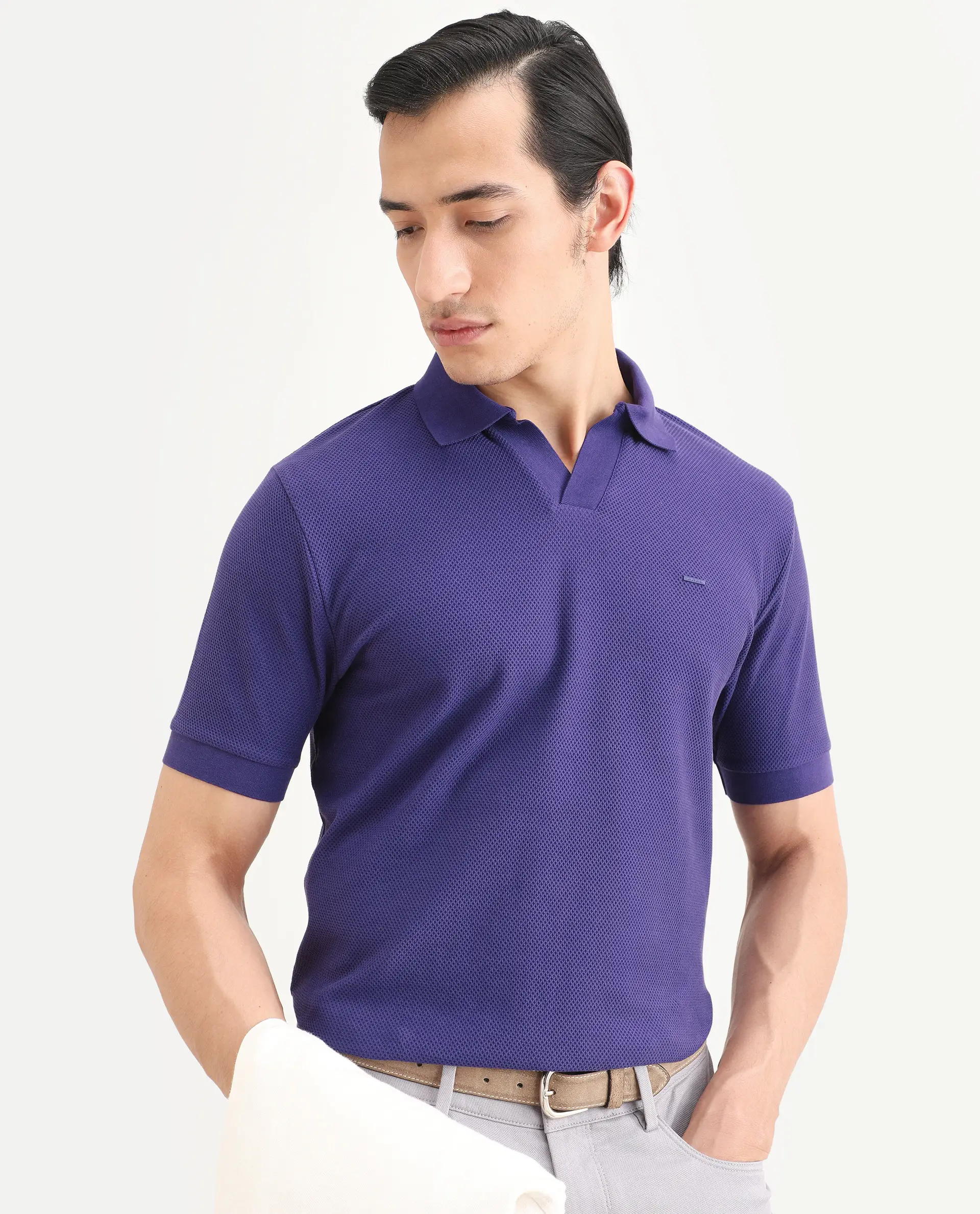 Rare Rabbit Men's Zego Flouroscent Purple Cotton Blend Fabric Half Sleeve Jonny Collar Regular Fit Plain Polo - Image 7