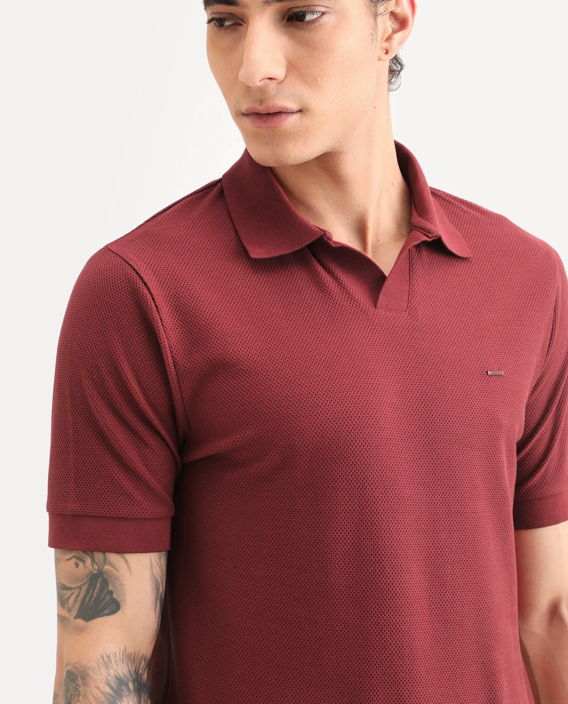 Rare Rabbit Men's Zego Red Cotton Blend Fabric Half Sleeve Jonny Collar Regular Fit Plain Polo - Image 3