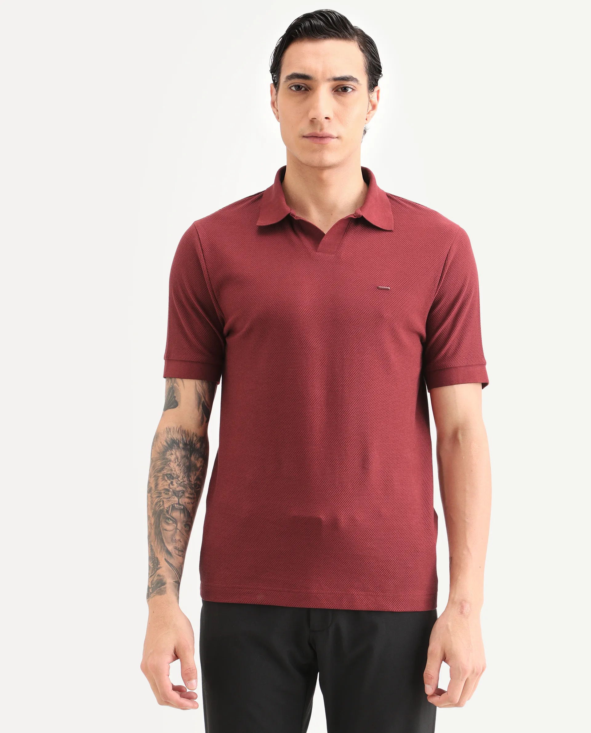Rare Rabbit Men's Zego Red Cotton Blend Fabric Half Sleeve Jonny Collar Regular Fit Plain Polo - Image 4