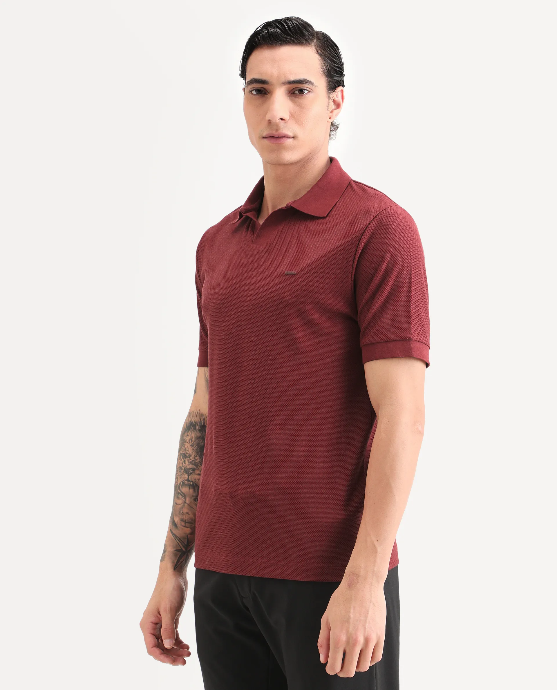 Rare Rabbit Men's Zego Red Cotton Blend Fabric Half Sleeve Jonny Collar Regular Fit Plain Polo - Image 5