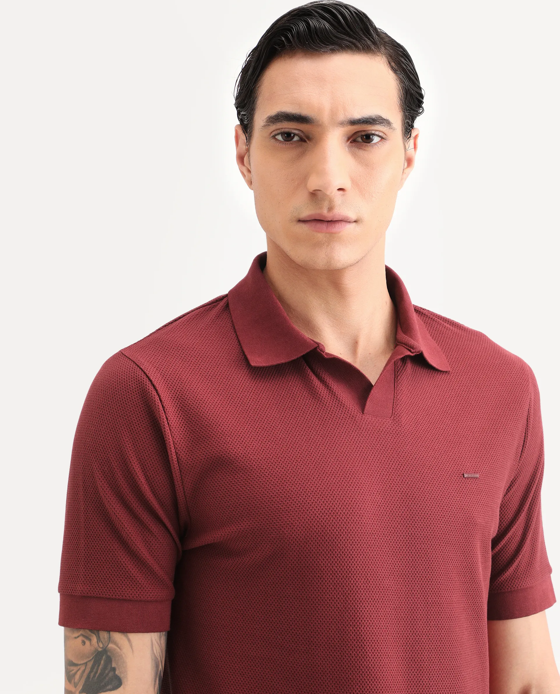 Rare Rabbit Men's Zego Red Cotton Blend Fabric Half Sleeve Jonny Collar Regular Fit Plain Polo - Image 7