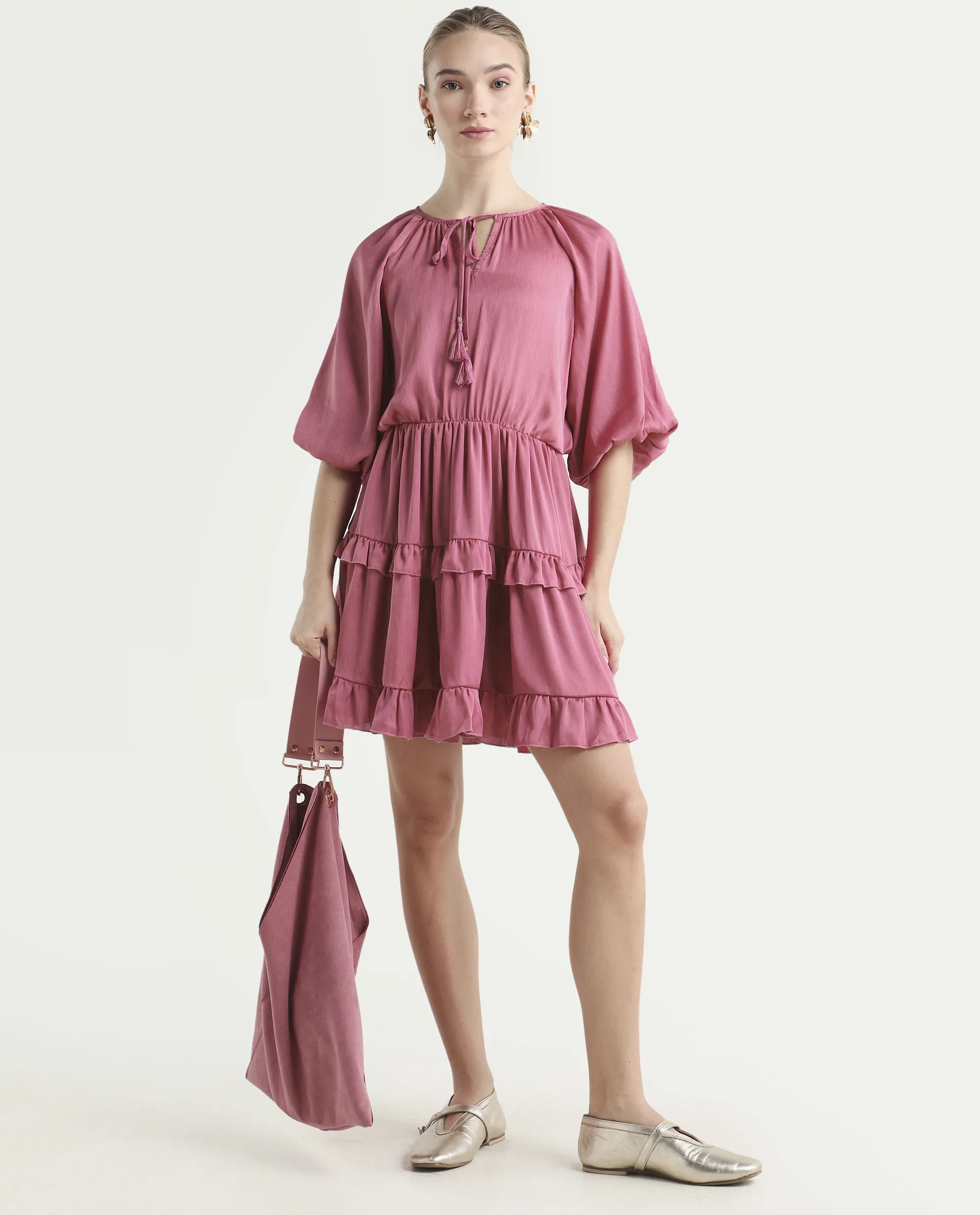 Rareism Women's Zeke Pink Polyester Tie-Up Neck Plain Raglan Sleeve Mini Regular Fit Dress - Image 2