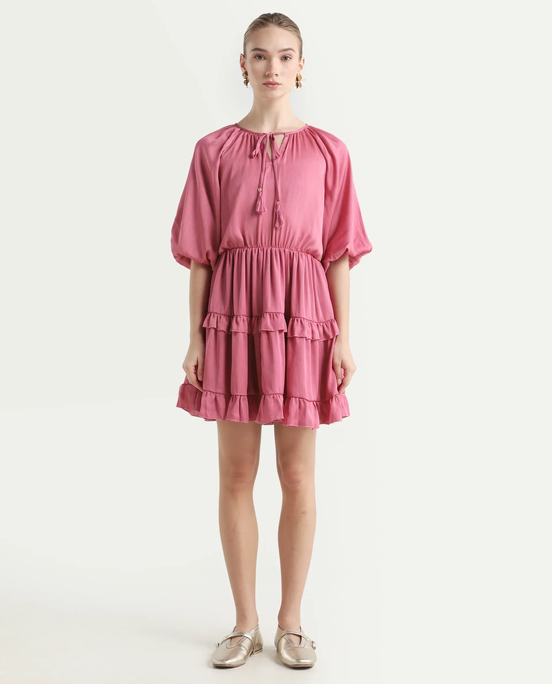 Rareism Women's Zeke Pink Polyester Tie-Up Neck Plain Raglan Sleeve Mini Regular Fit Dress - Image 3