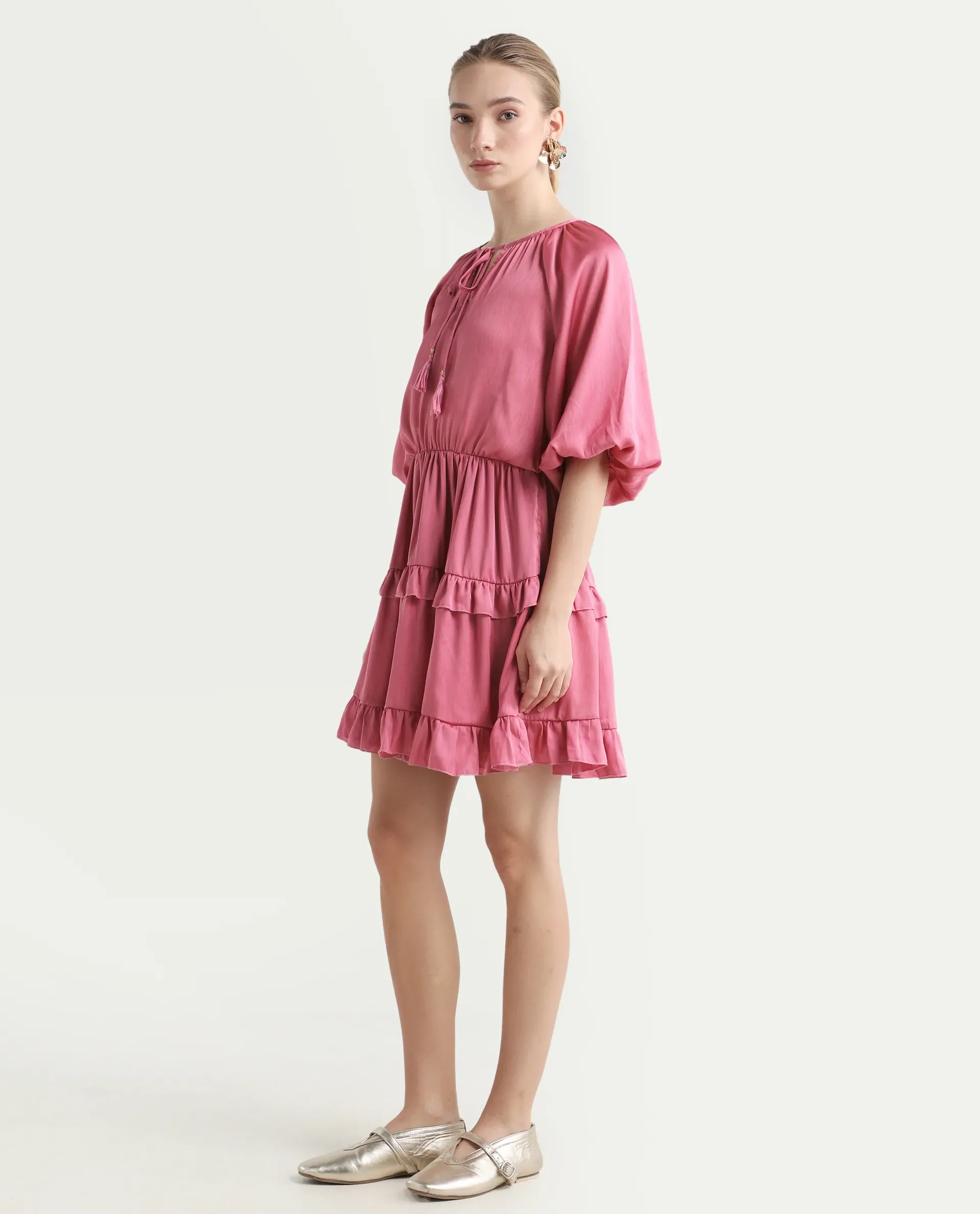 Rareism Women's Zeke Pink Polyester Tie-Up Neck Plain Raglan Sleeve Mini Regular Fit Dress - Image 5