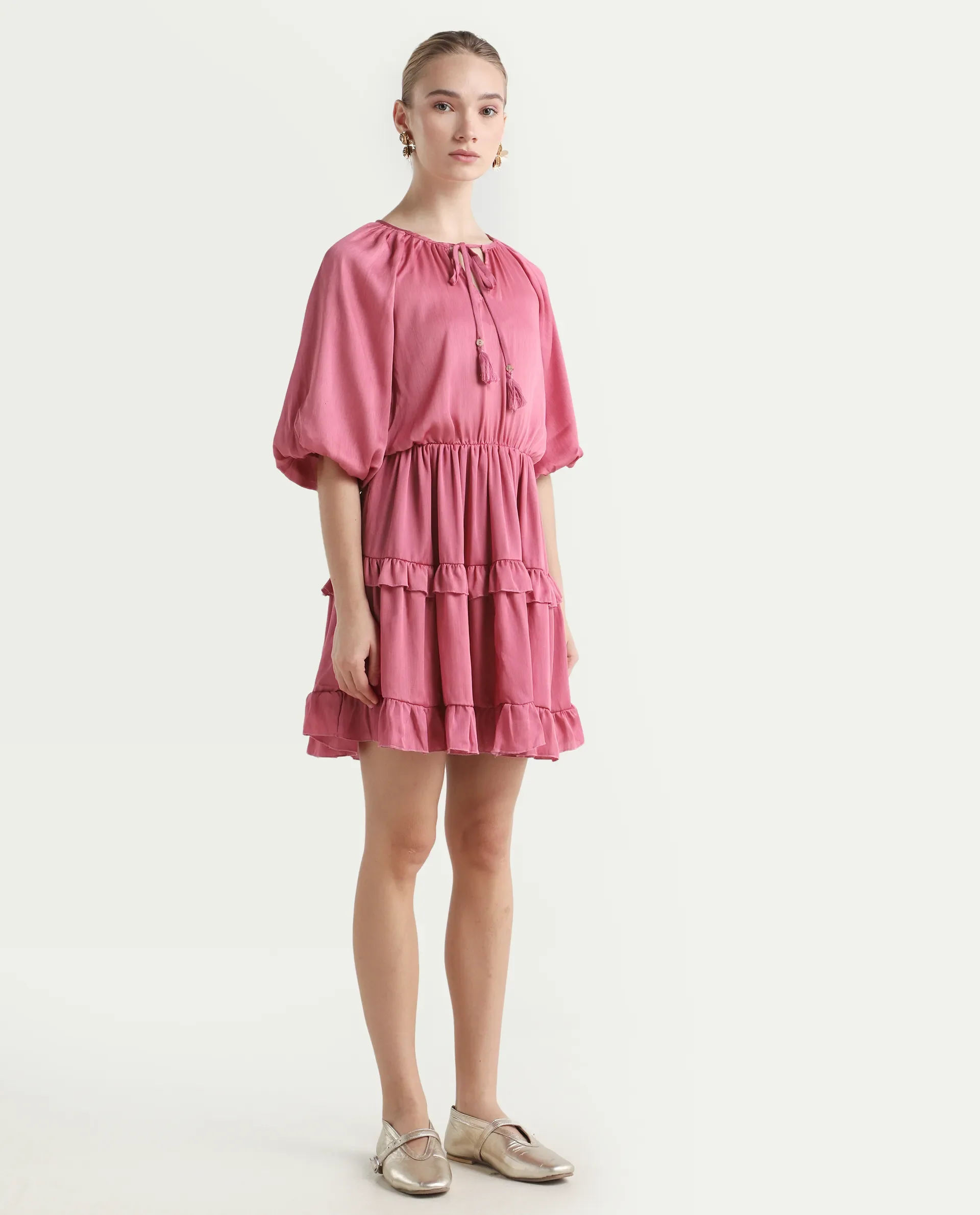 Rareism Women's Zeke Pink Polyester Tie-Up Neck Plain Raglan Sleeve Mini Regular Fit Dress - Image 6