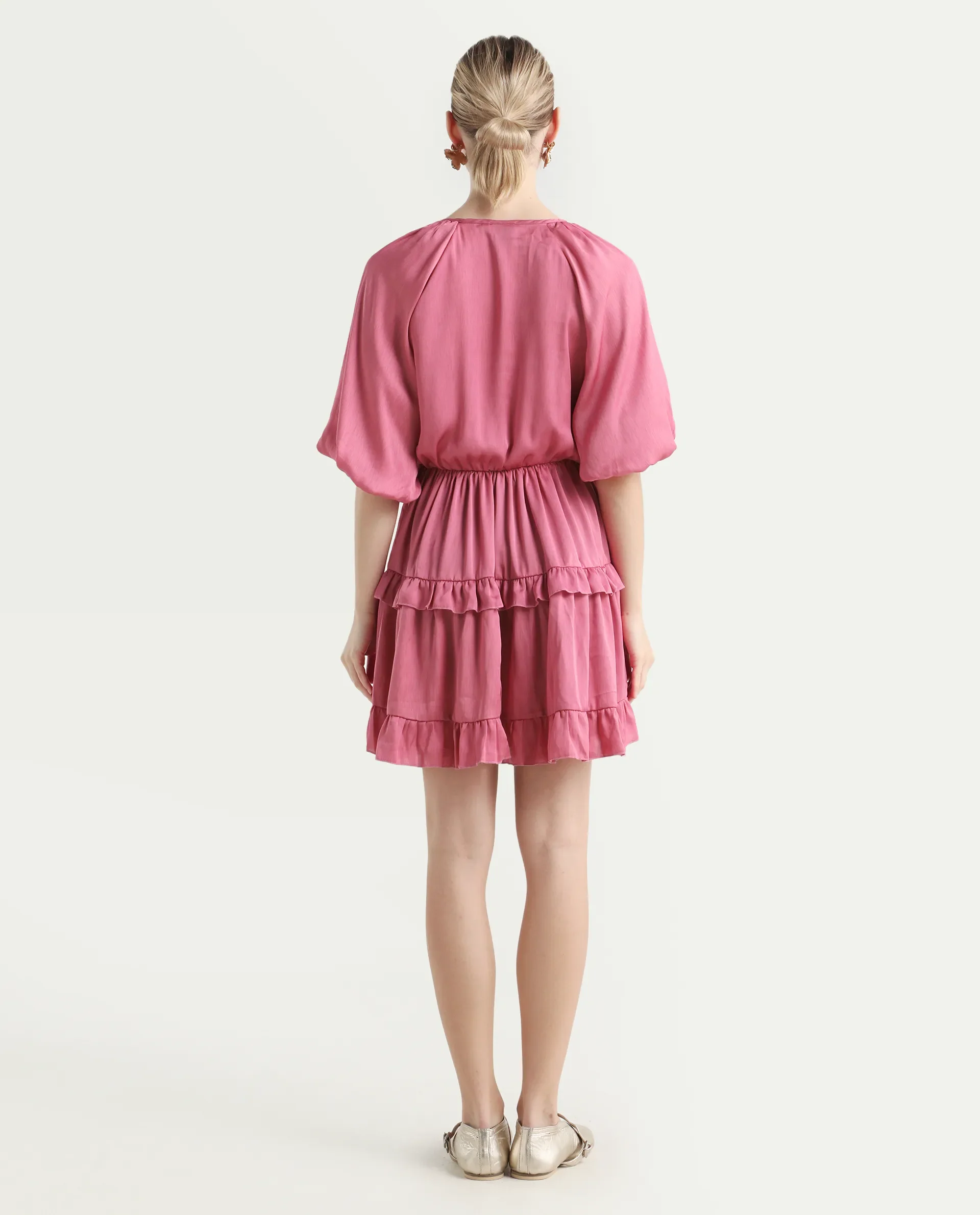 Rareism Women's Zeke Pink Polyester Tie-Up Neck Plain Raglan Sleeve Mini Regular Fit Dress - Image 7