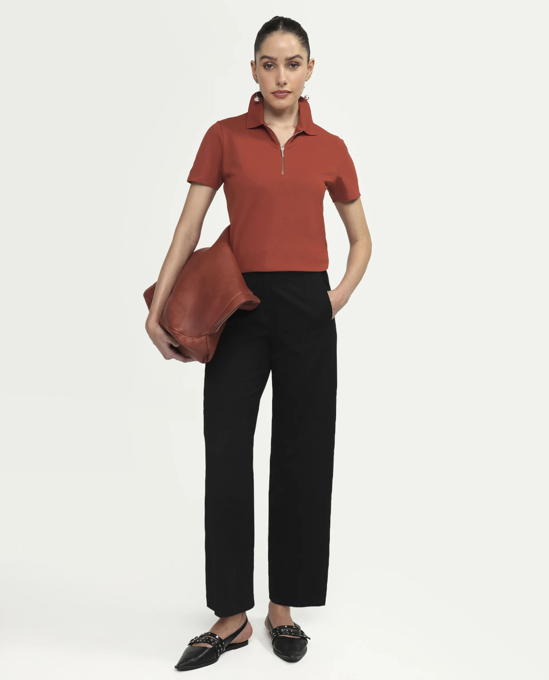 Rareism Women's Zeke Rust Cotton Blend Half Sleeve Regular Fit Plain Polo - Image 2