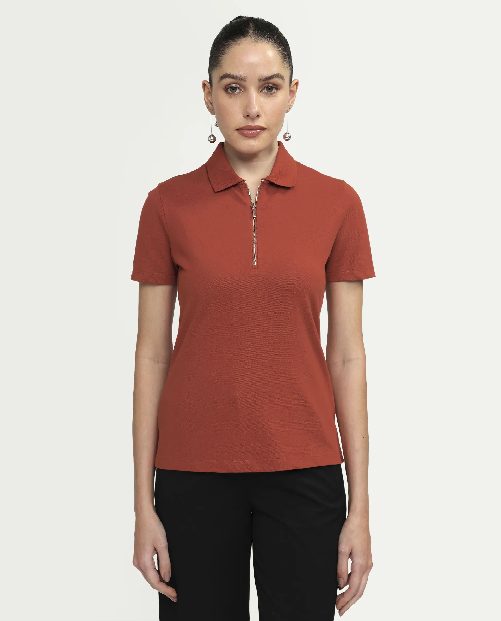 Rareism Women's Zeke Rust Cotton Blend Half Sleeve Regular Fit Plain Polo - Image 3