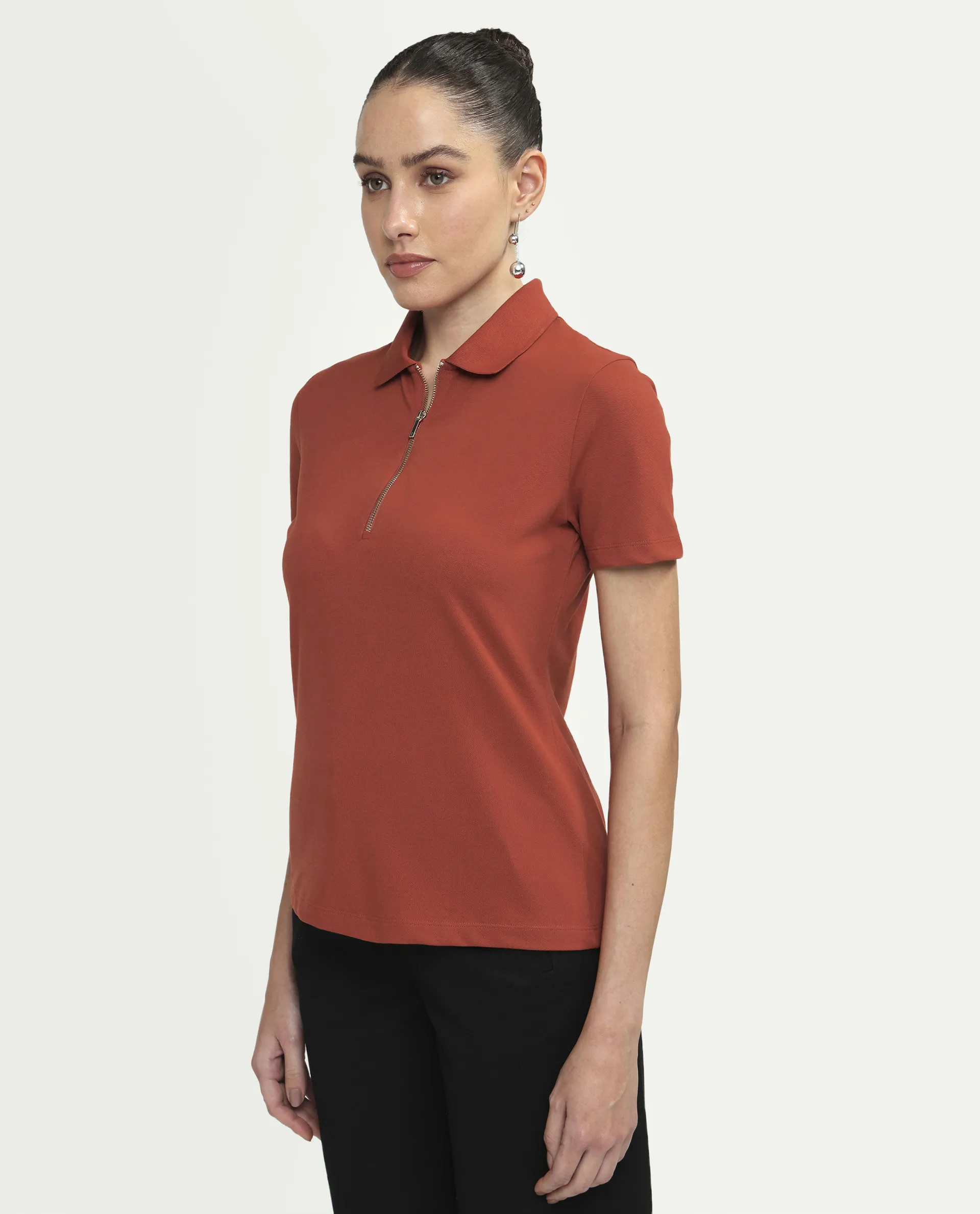 Rareism Women's Zeke Rust Cotton Blend Half Sleeve Regular Fit Plain Polo - Image 5