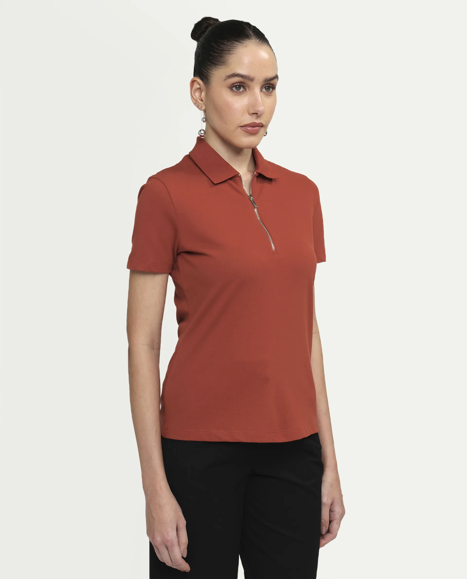 Rareism Women's Zeke Rust Cotton Blend Half Sleeve Regular Fit Plain Polo - Image 6