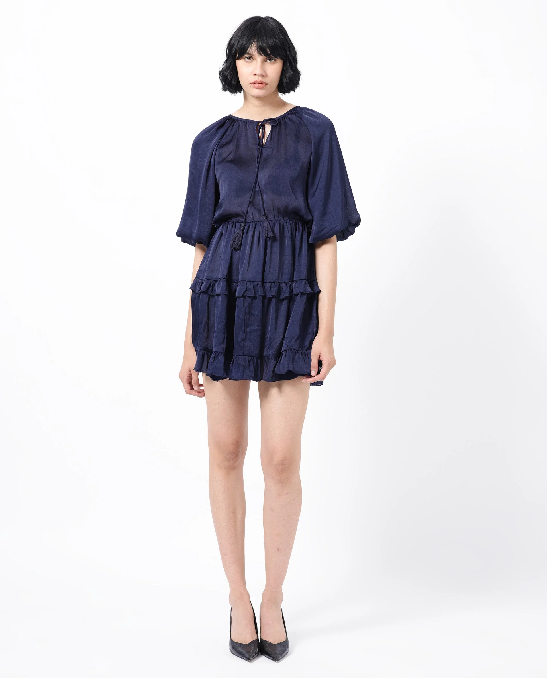 Rareism Women's Zekeje Blue Polyester Tie-Up Neck Plain Raglan Sleeve Mini Regular Fit Dress - Image 2