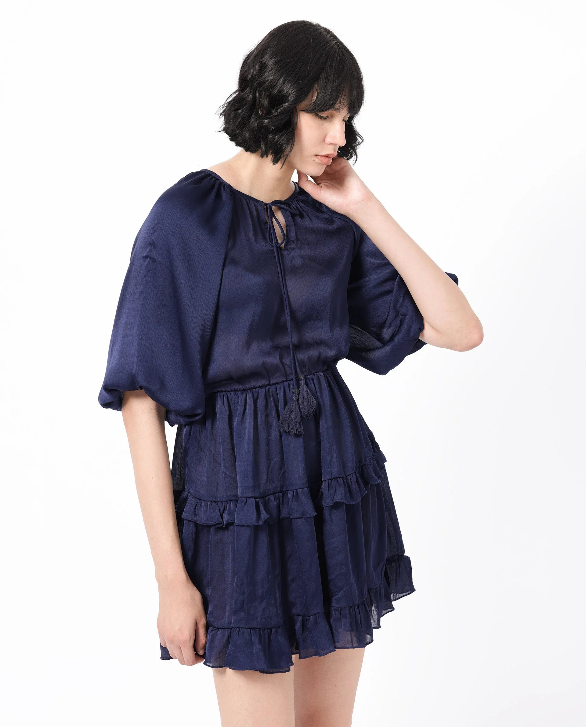 Rareism Women's Zekeje Blue Polyester Tie-Up Neck Plain Raglan Sleeve Mini Regular Fit Dress - Image 3