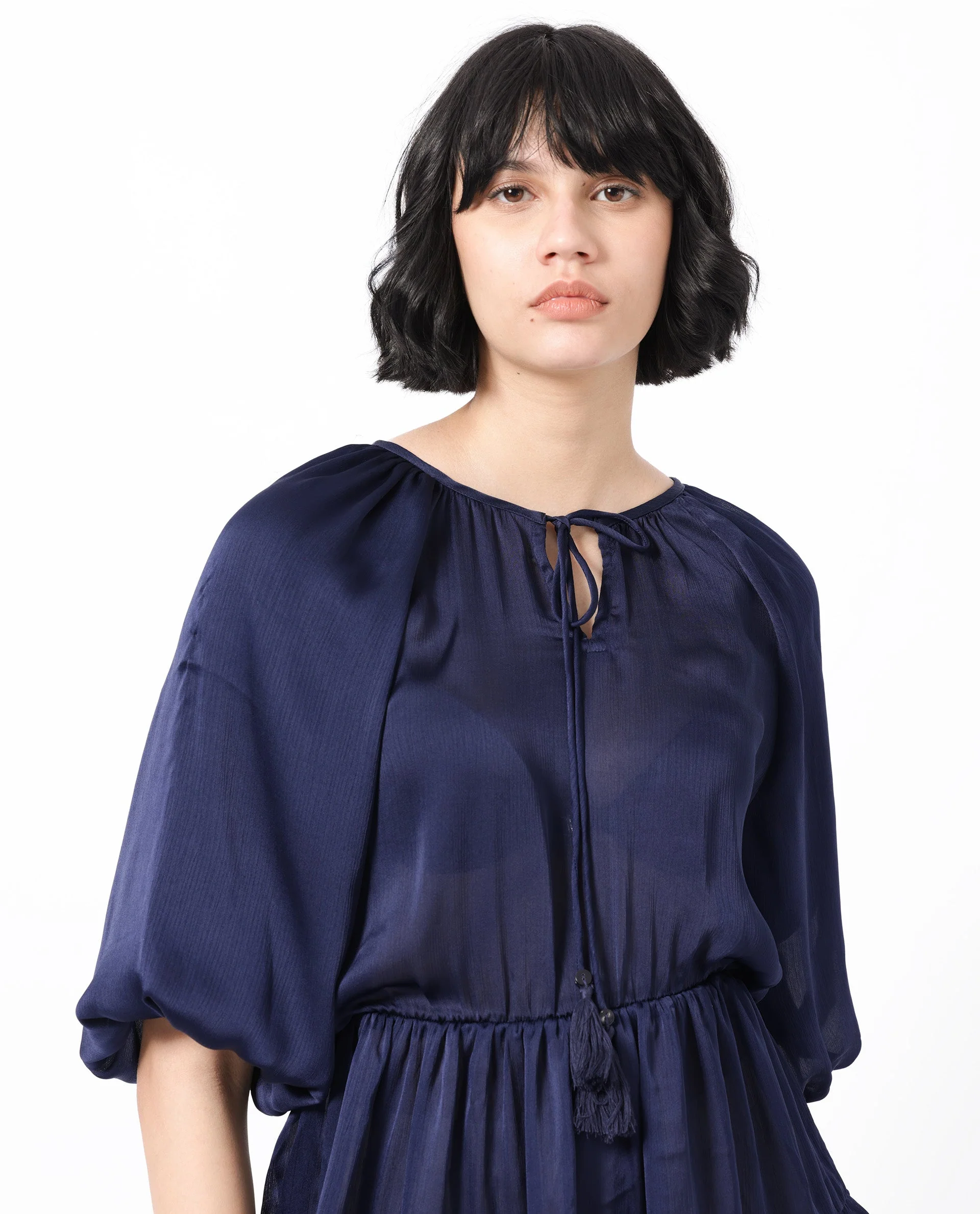 Rareism Women's Zekeje Blue Polyester Tie-Up Neck Plain Raglan Sleeve Mini Regular Fit Dress - Image 4