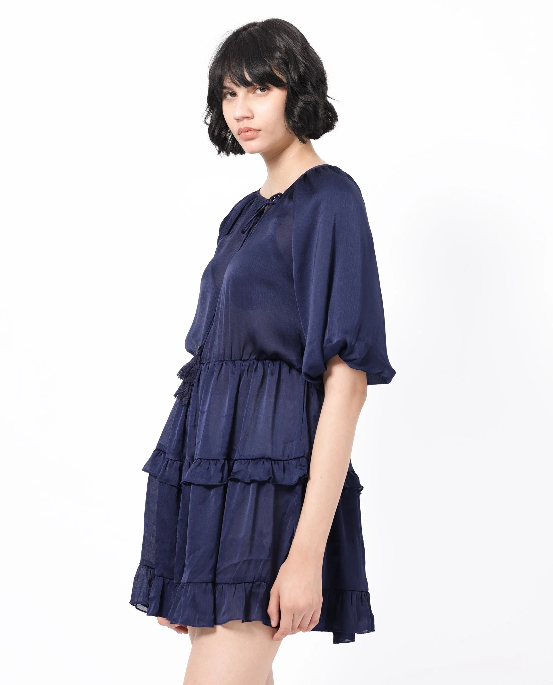 Rareism Women's Zekeje Blue Polyester Tie-Up Neck Plain Raglan Sleeve Mini Regular Fit Dress - Image 5