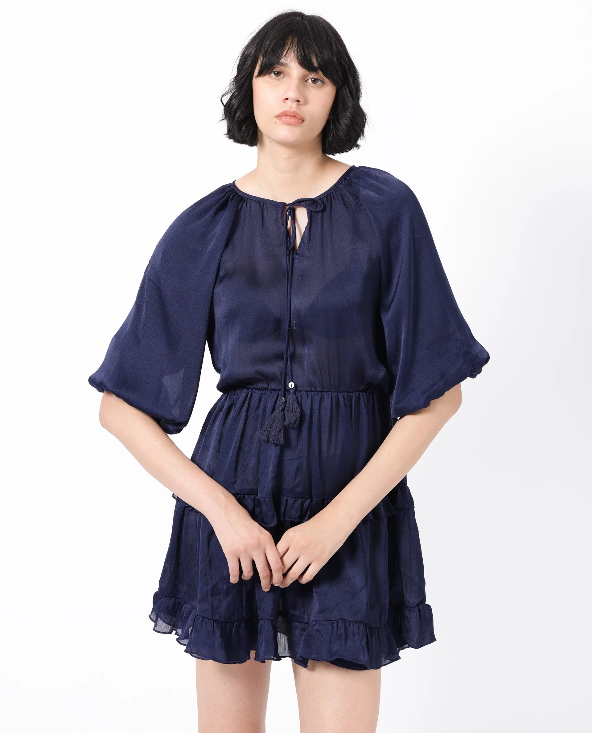 Rareism Women's Zekeje Blue Polyester Tie-Up Neck Plain Raglan Sleeve Mini Regular Fit Dress - Image 6