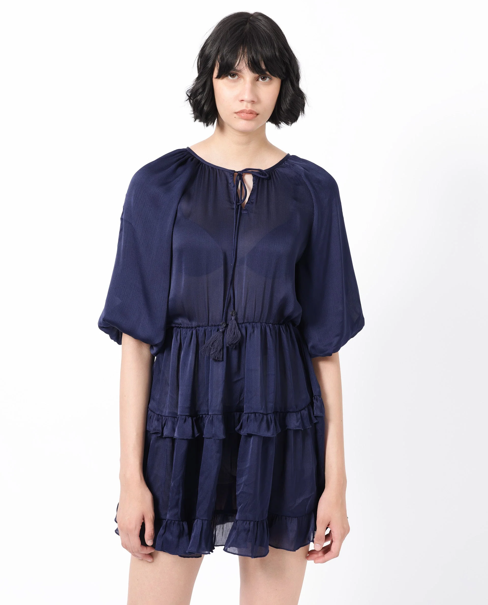 Rareism Women's Zekeje Blue Polyester Tie-Up Neck Plain Raglan Sleeve Mini Regular Fit Dress - Image 7