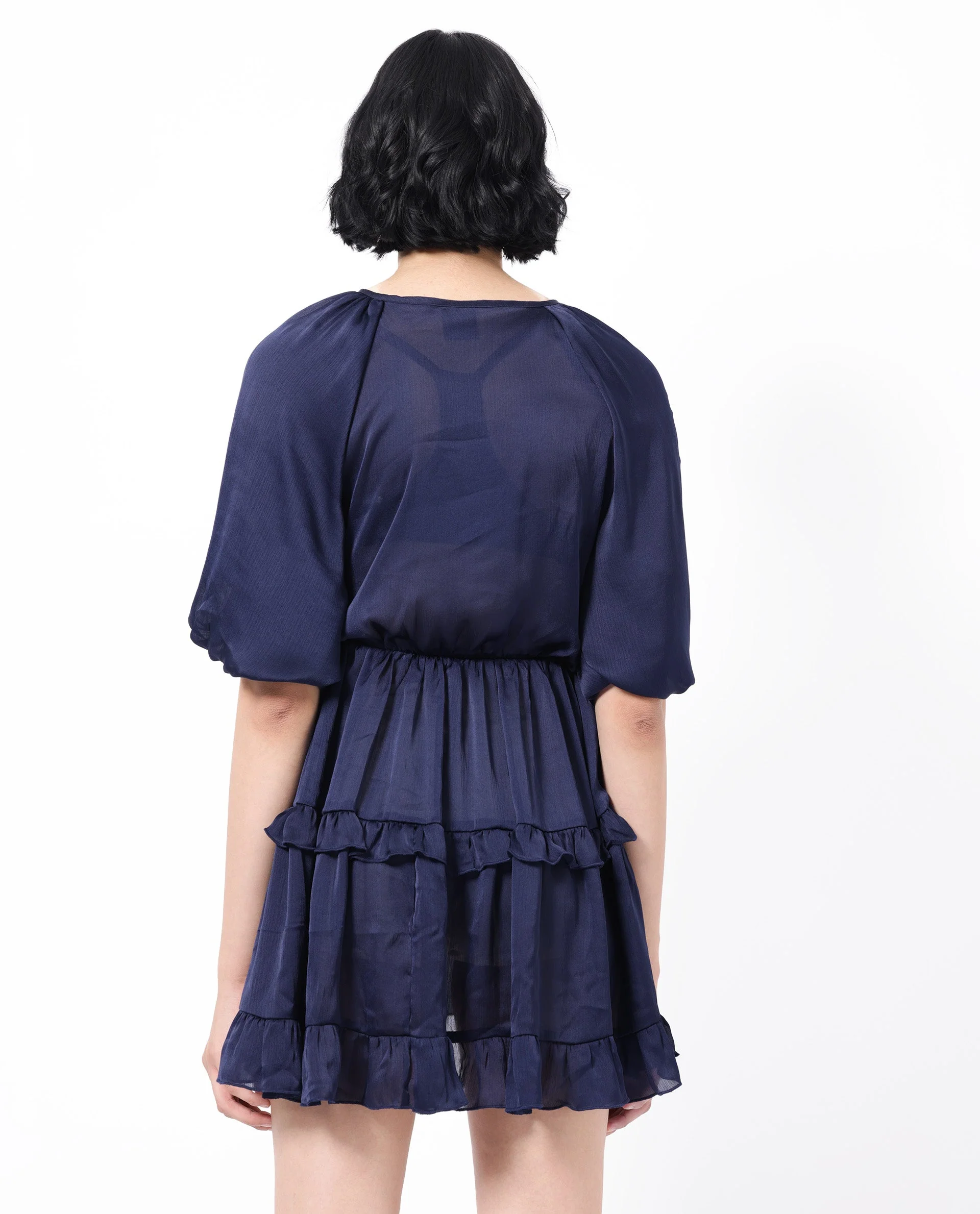 Rareism Women's Zekeje Blue Polyester Tie-Up Neck Plain Raglan Sleeve Mini Regular Fit Dress - Image 8