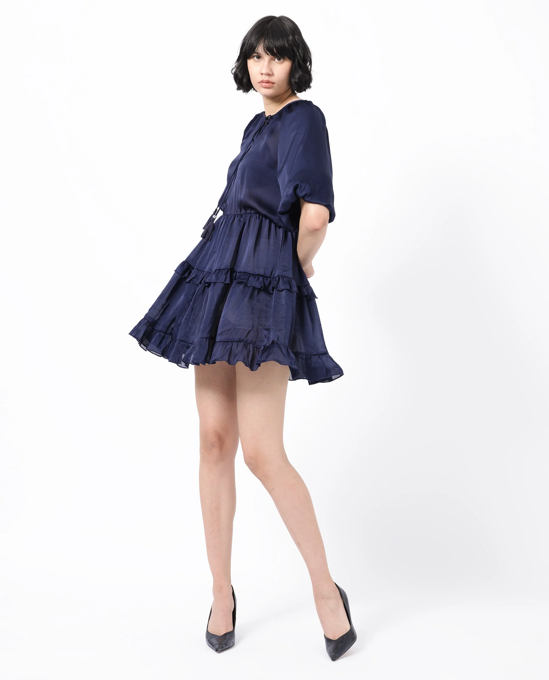 Rareism Women's Zekeje Blue Polyester Tie-Up Neck Plain Raglan Sleeve Mini Regular Fit Dress - Image 9
