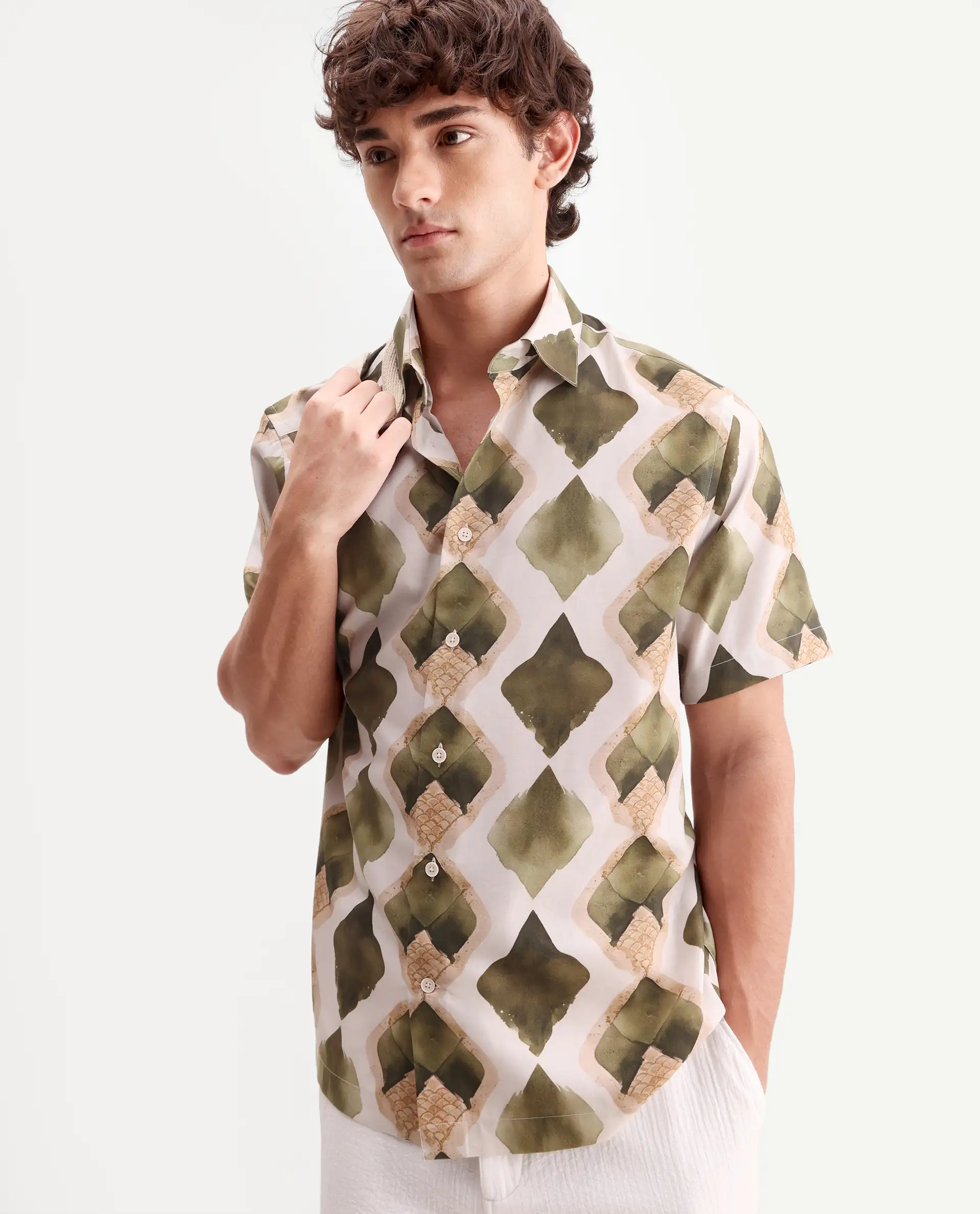 Rare Rabbit Men's Zeken Beige Cotton Blend Fabric Half Sleeve Regular Fit Geometric Print Shirt