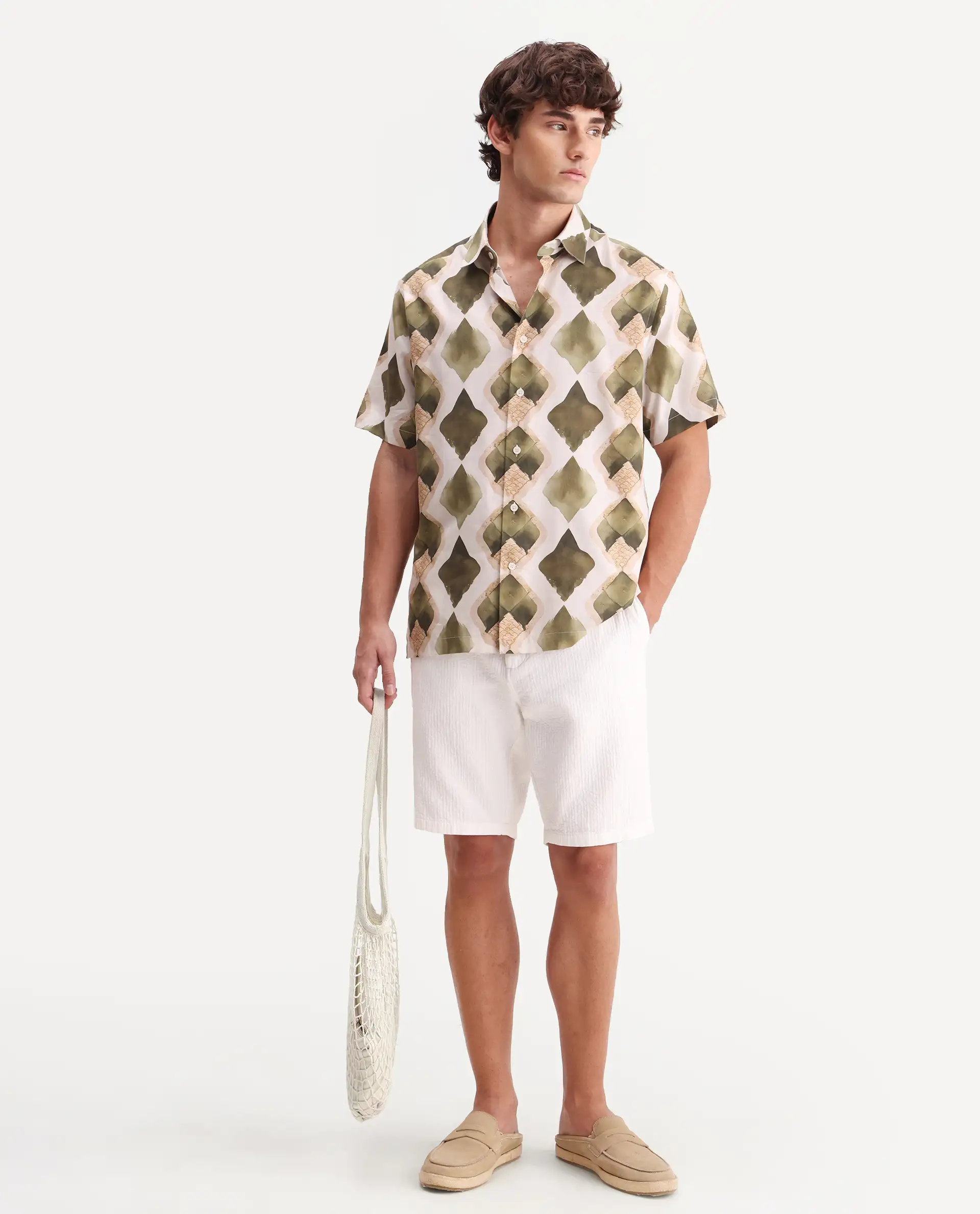 Rare Rabbit Men's Zeken Beige Cotton Blend Fabric Half Sleeve Regular Fit Geometric Print Shirt - Image 2