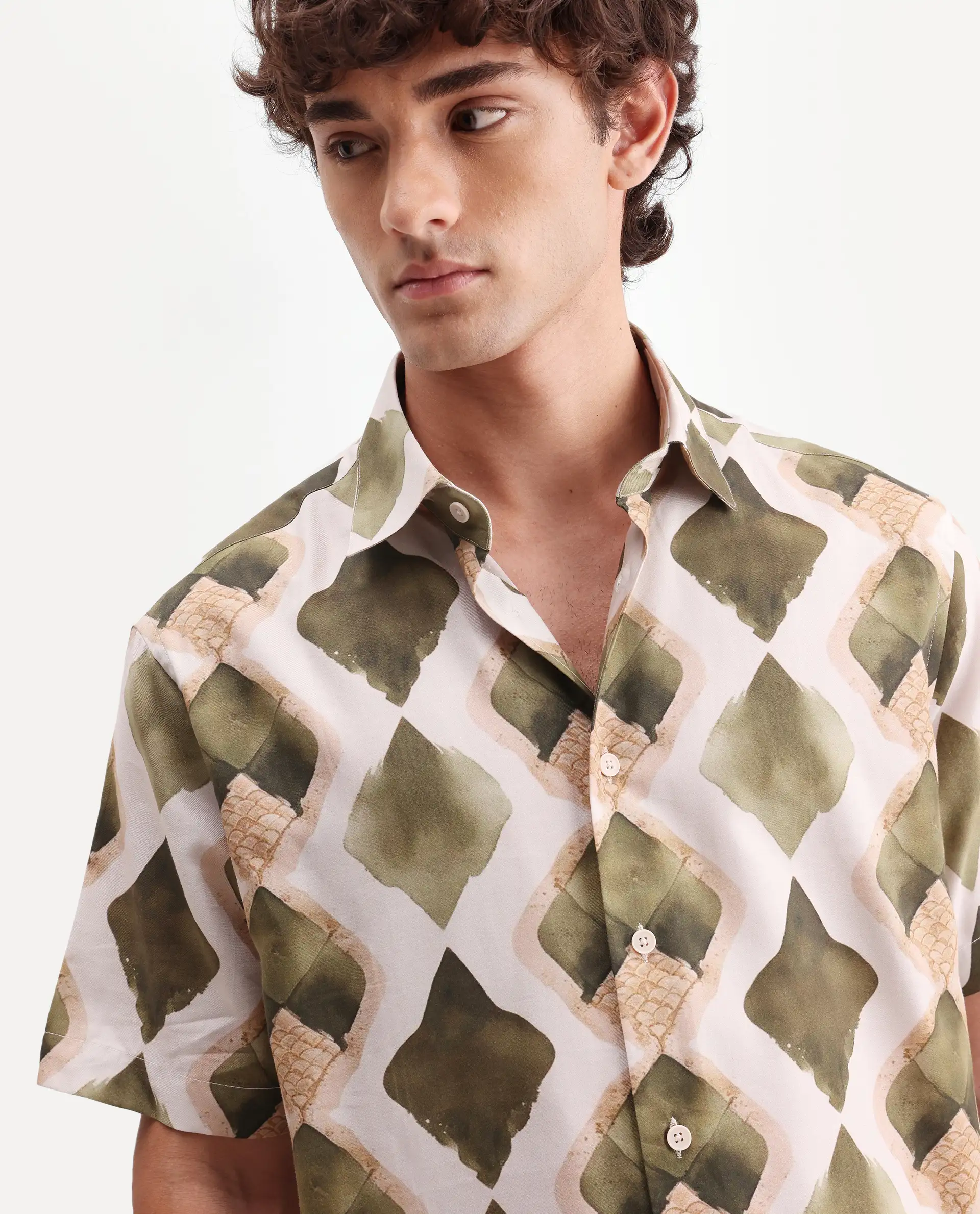 Rare Rabbit Men's Zeken Beige Cotton Blend Fabric Half Sleeve Regular Fit Geometric Print Shirt - Image 3