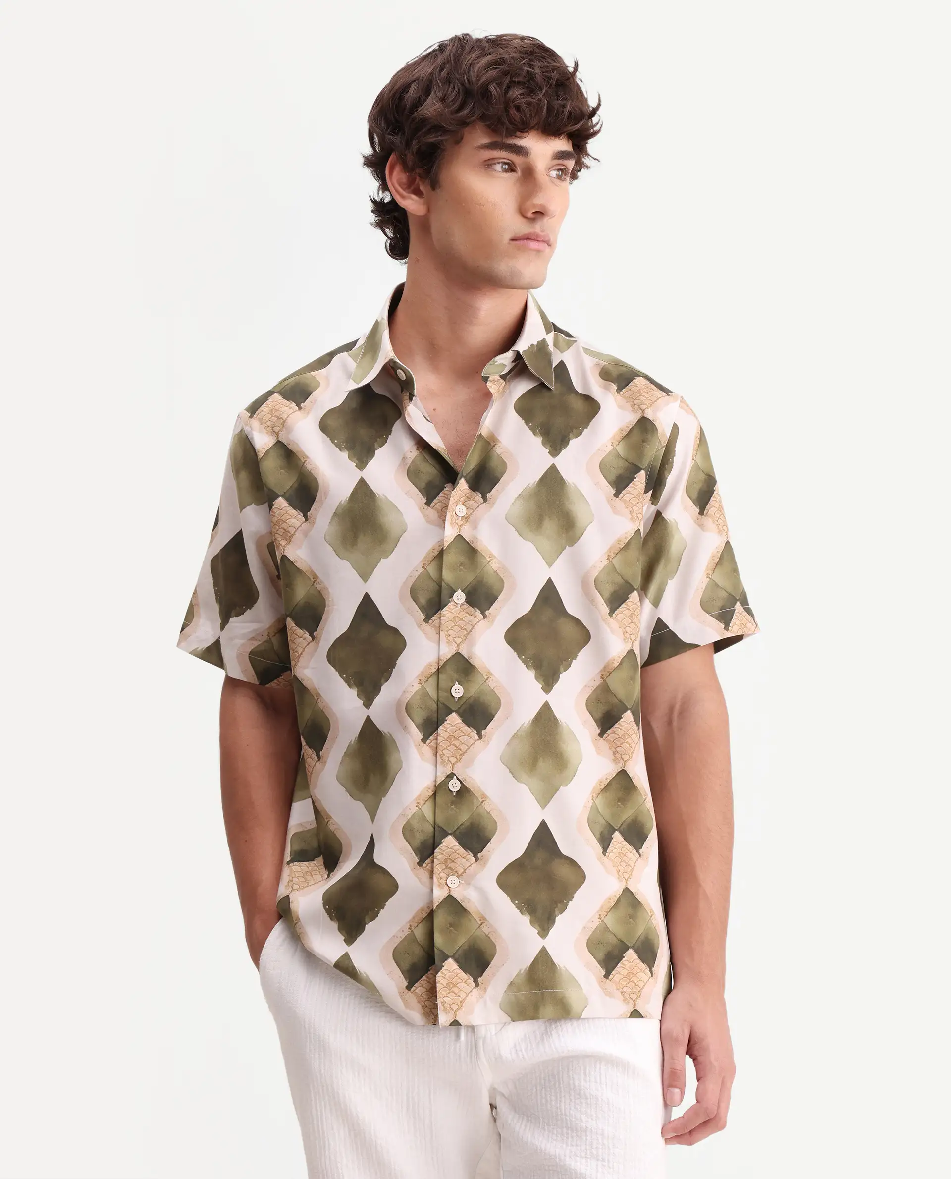 Rare Rabbit Men's Zeken Beige Cotton Blend Fabric Half Sleeve Regular Fit Geometric Print Shirt - Image 4