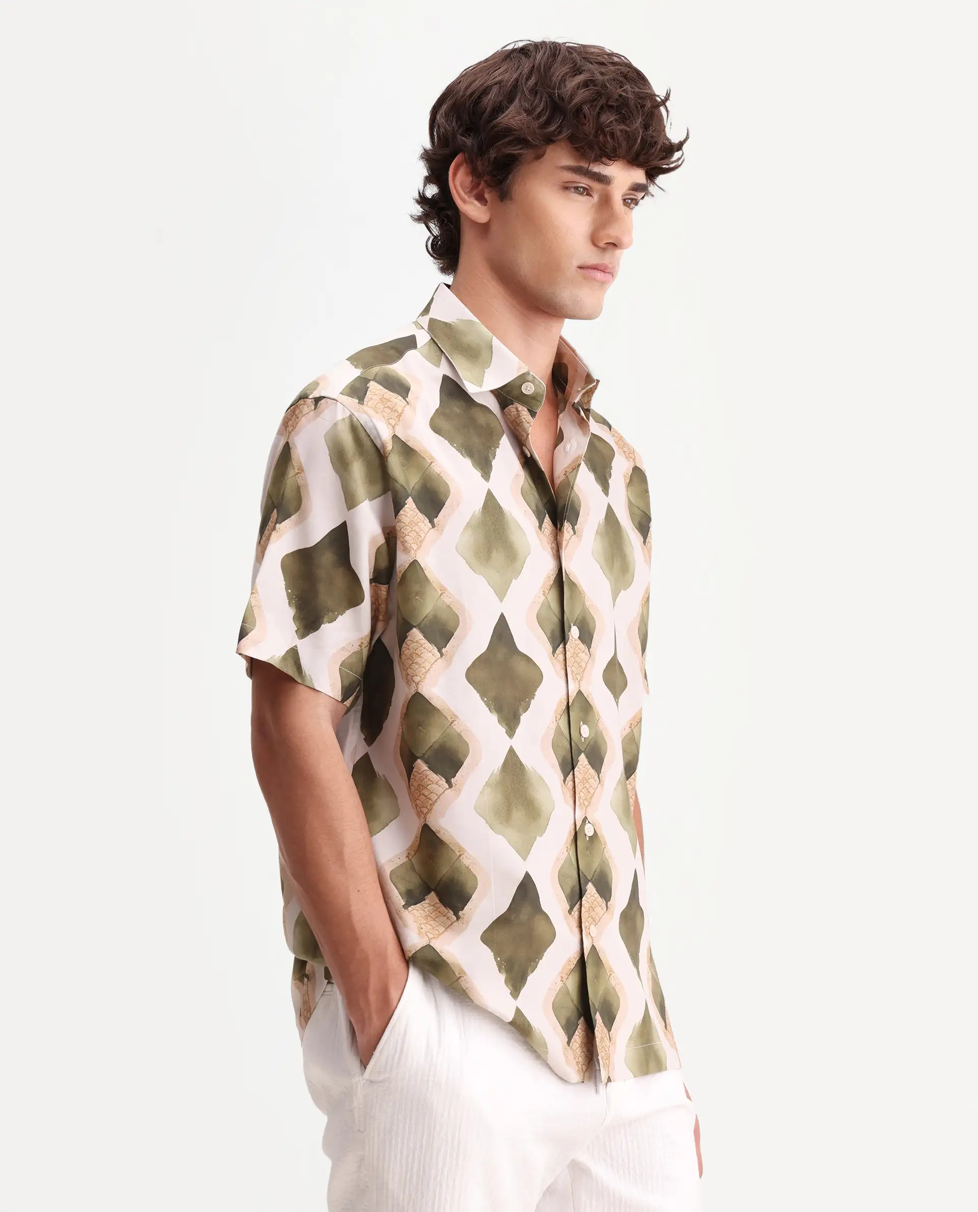 Rare Rabbit Men's Zeken Beige Cotton Blend Fabric Half Sleeve Regular Fit Geometric Print Shirt - Image 5