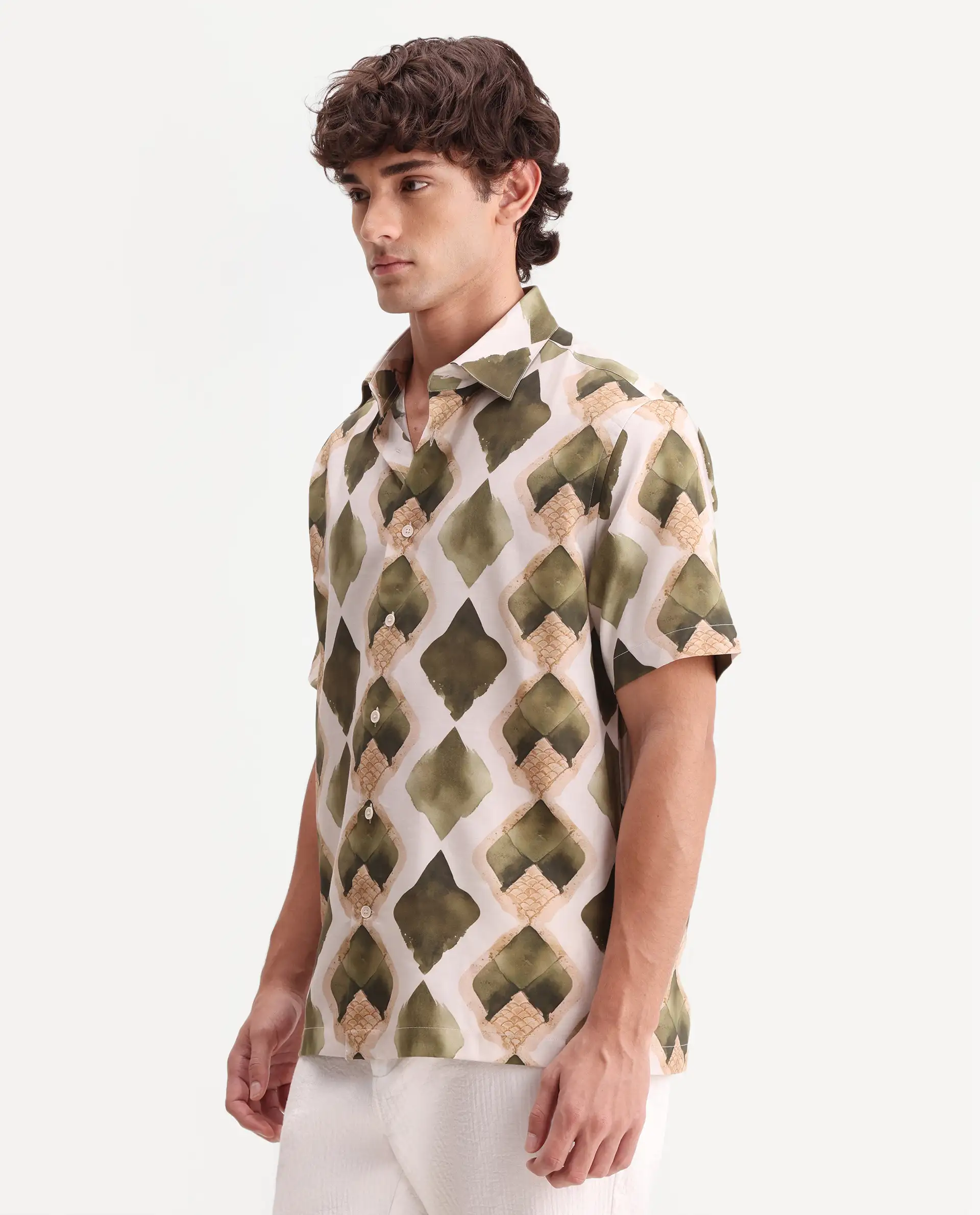 Rare Rabbit Men's Zeken Beige Cotton Blend Fabric Half Sleeve Regular Fit Geometric Print Shirt - Image 6