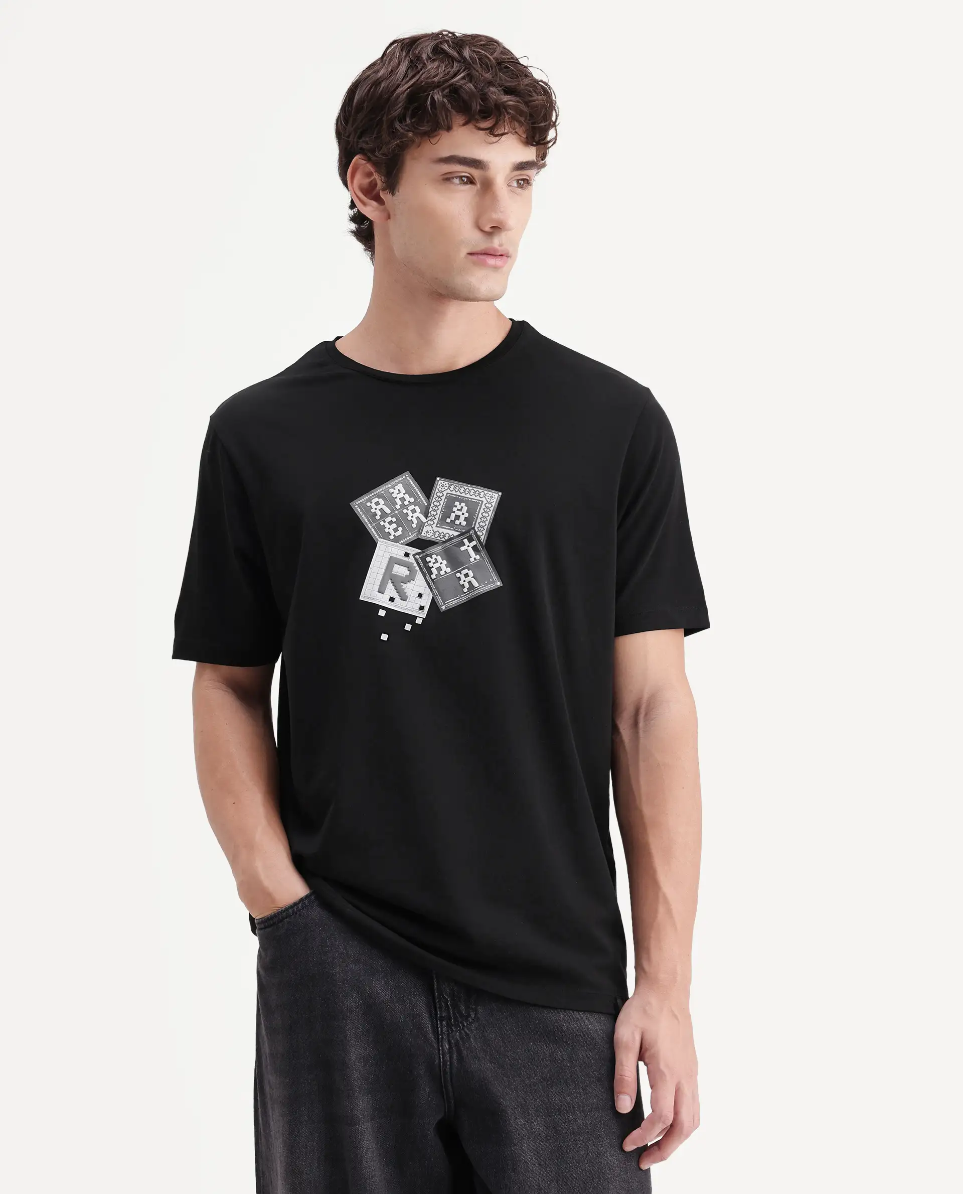 Rare Rabbit Men's Zeko Black Cotton Blend Crew Neck Regular Graphic Print T-Shirt - Image 4
